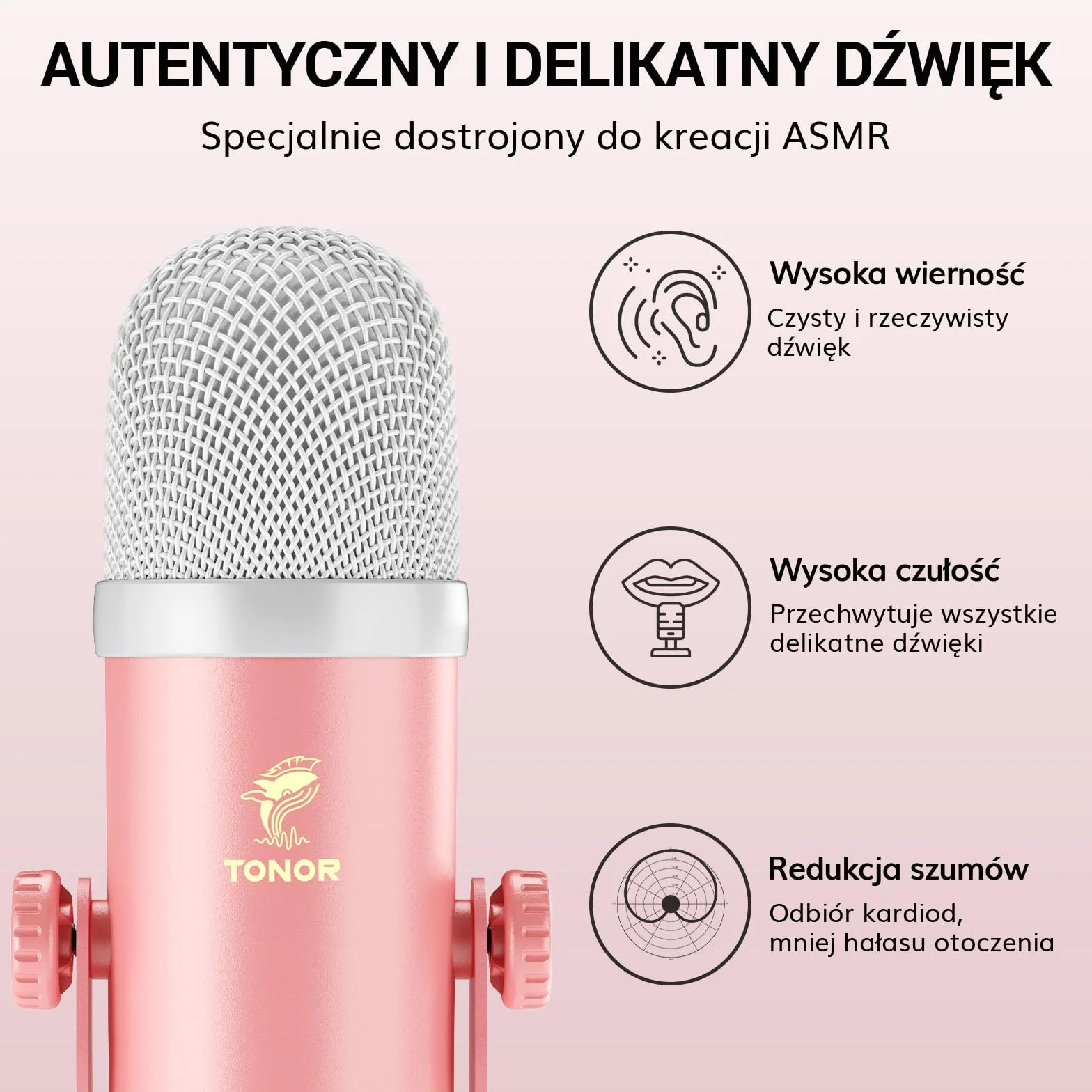 TONOR ASMR z Interfejsem Audio, Mikrofon USB z Podwójnym Kondensatorem, 192kHz, Dźwięk 3D, Czysty Dźwięk, Regulacja Głośności, Mikser, do Nagrywania i Tworzenia Treści – Różowy