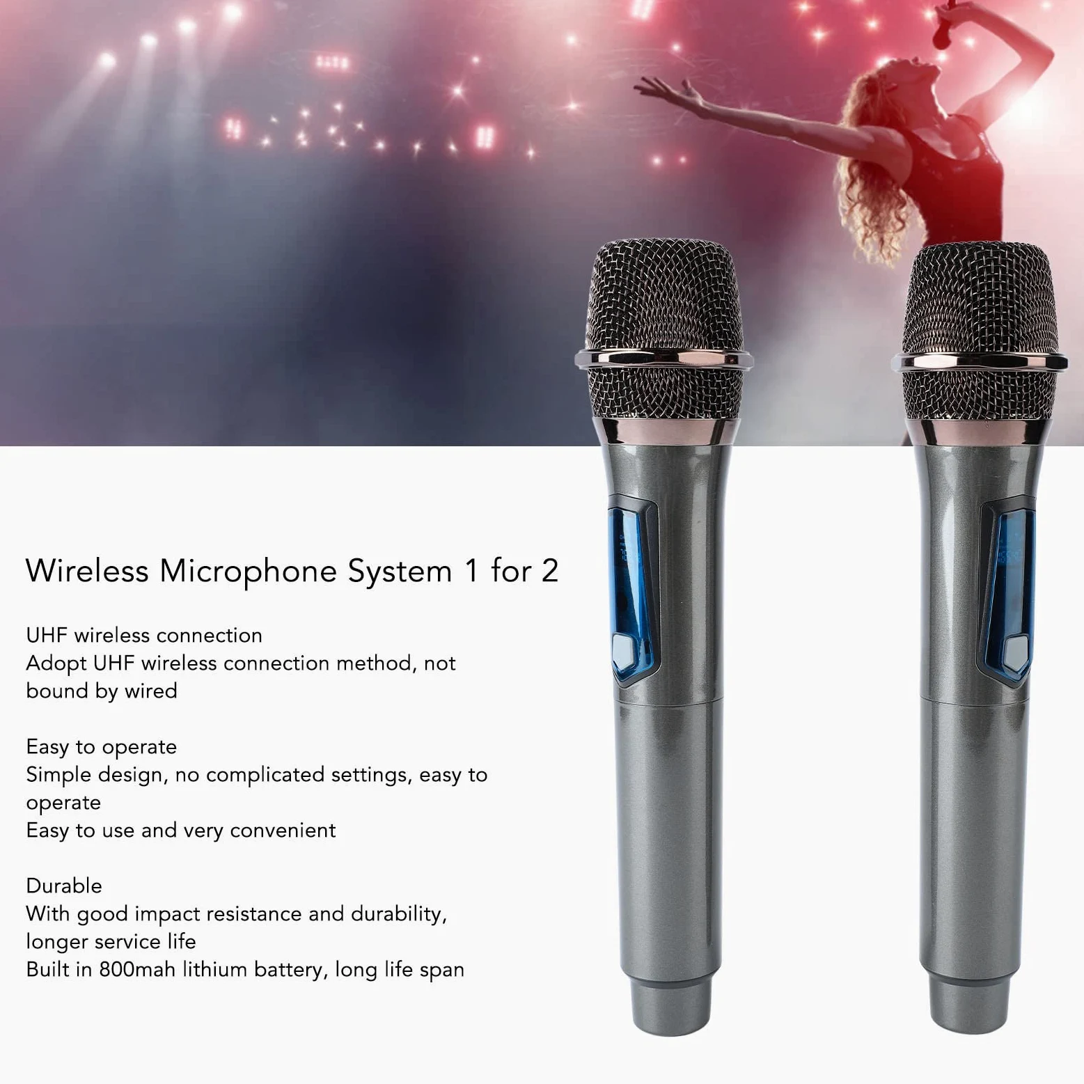 Bezprzewodowy Dynamiczny Mikrofon Bezprzewodowy UHF, łatwy w Obsłudze, Trwały, HiFi, z Odbiornikiem z możliwością ładowania, Zasięg 160 Stóp, do Urządzenia do Karaoke, śpiewu,