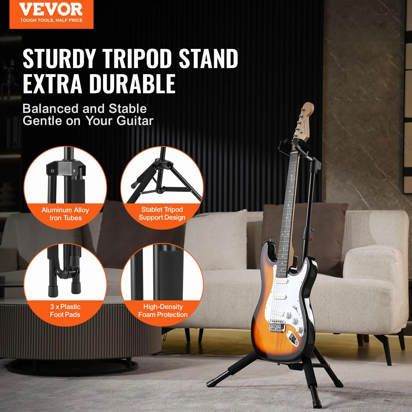 VEVOR Stojak na gitarę składany, nośność 15 kg, regulacja wysokości 900-1200 mm, statyw do gitary basowej i akustycznej