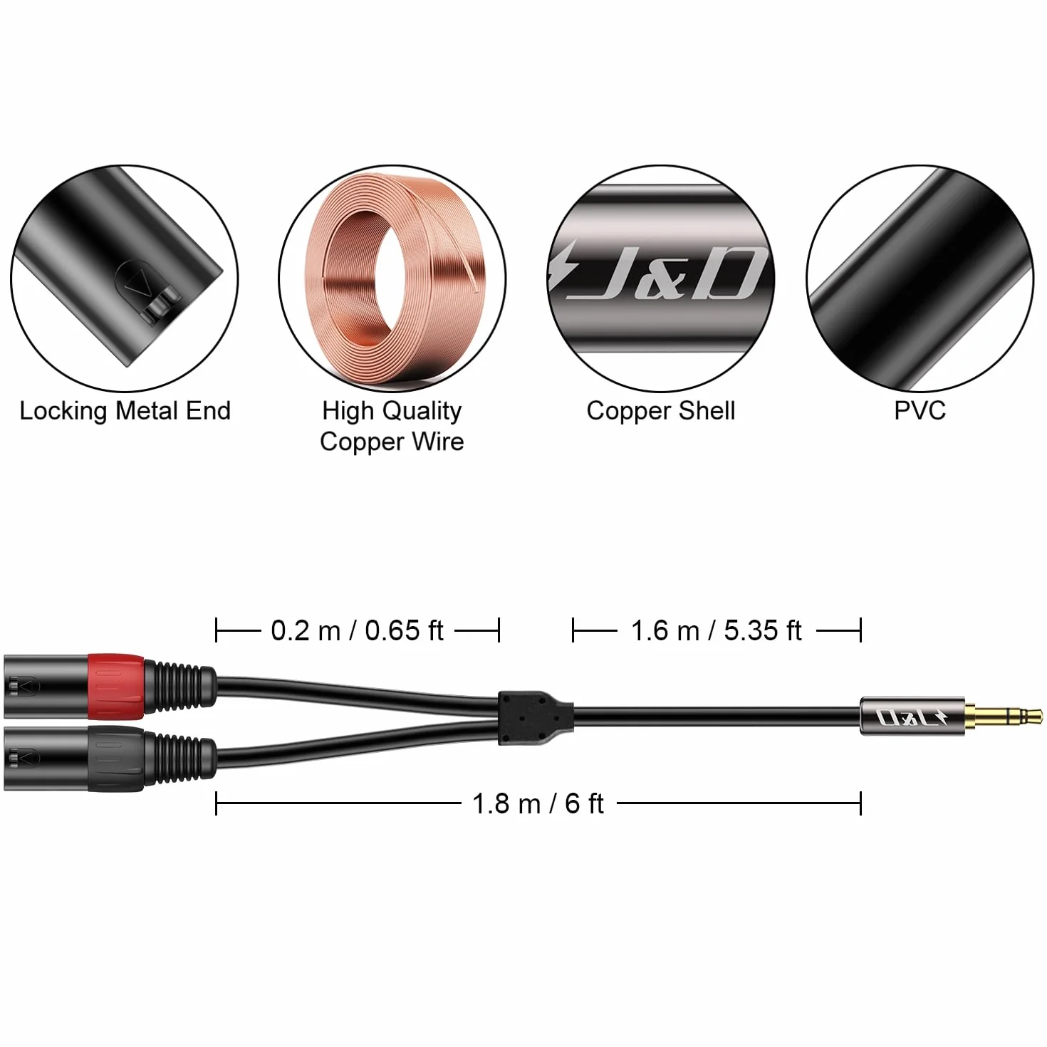 J&D 3,5 mm 1/8 cala na dual XLR Y rozdzielacz kabel, PVC obrany 2 x XLR męski do 3,5 mm TRS męski niewyważony stereo audio Patch kabel adaptera do aparatu DSLR smartfona laptopa mikrofonu, 1,8 metra