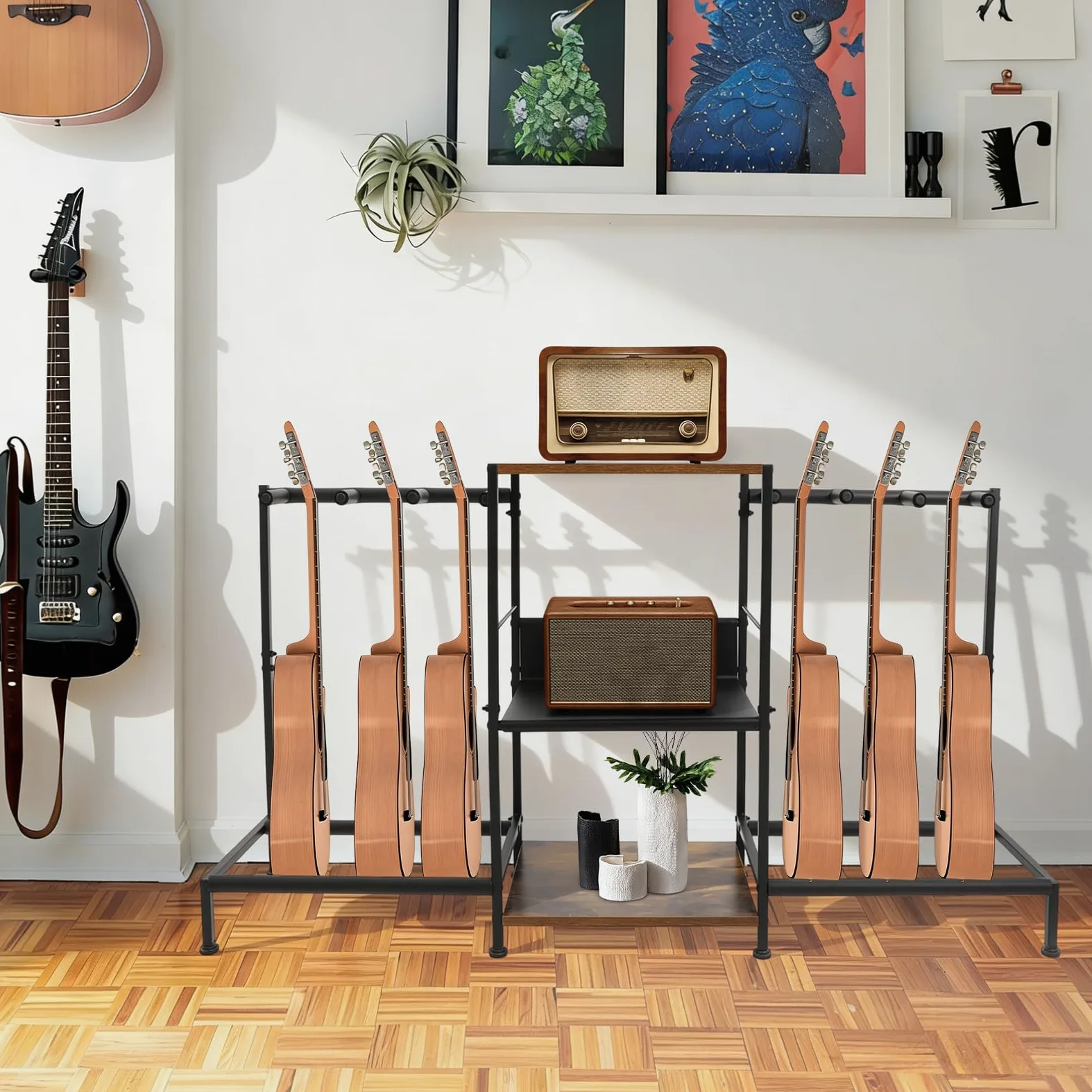 Stojak na gitarę, stojak podłogowy z 3 półkami, wielofunkcyjny uchwyt na gitarę i stojak na płyty gramofonowe, do gitary elektrycznej, gitary akustycznej i basowej, do domowego studia i