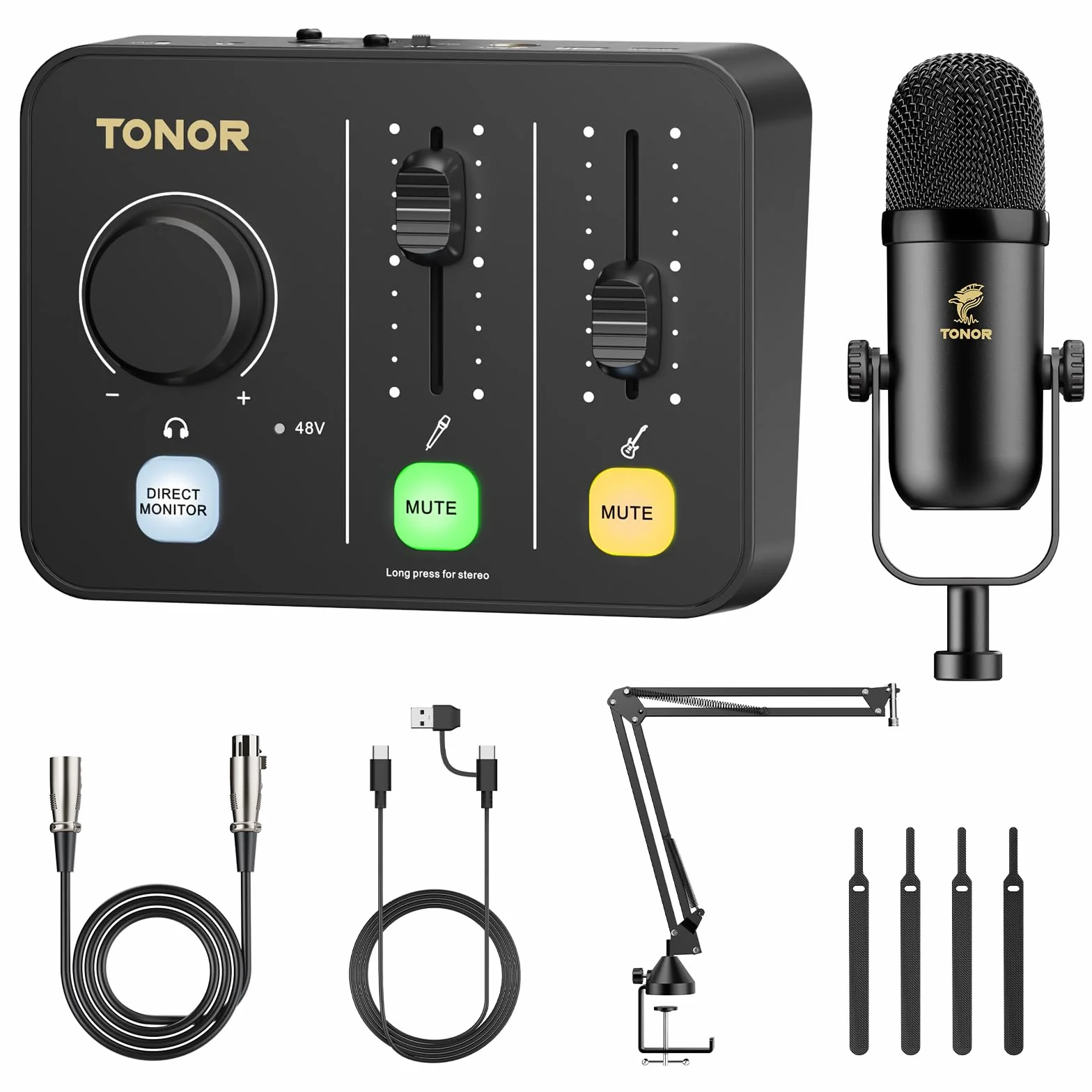 Zestaw mikrofonów TONOR do podcastów z interfejsem audio i uchwytem mikrofonowym, mikrofon XLR, mikrofony kondensatorowe, mikser audio, regulator głośności, 3D dźwięk stereo, do nagrań, podcastów