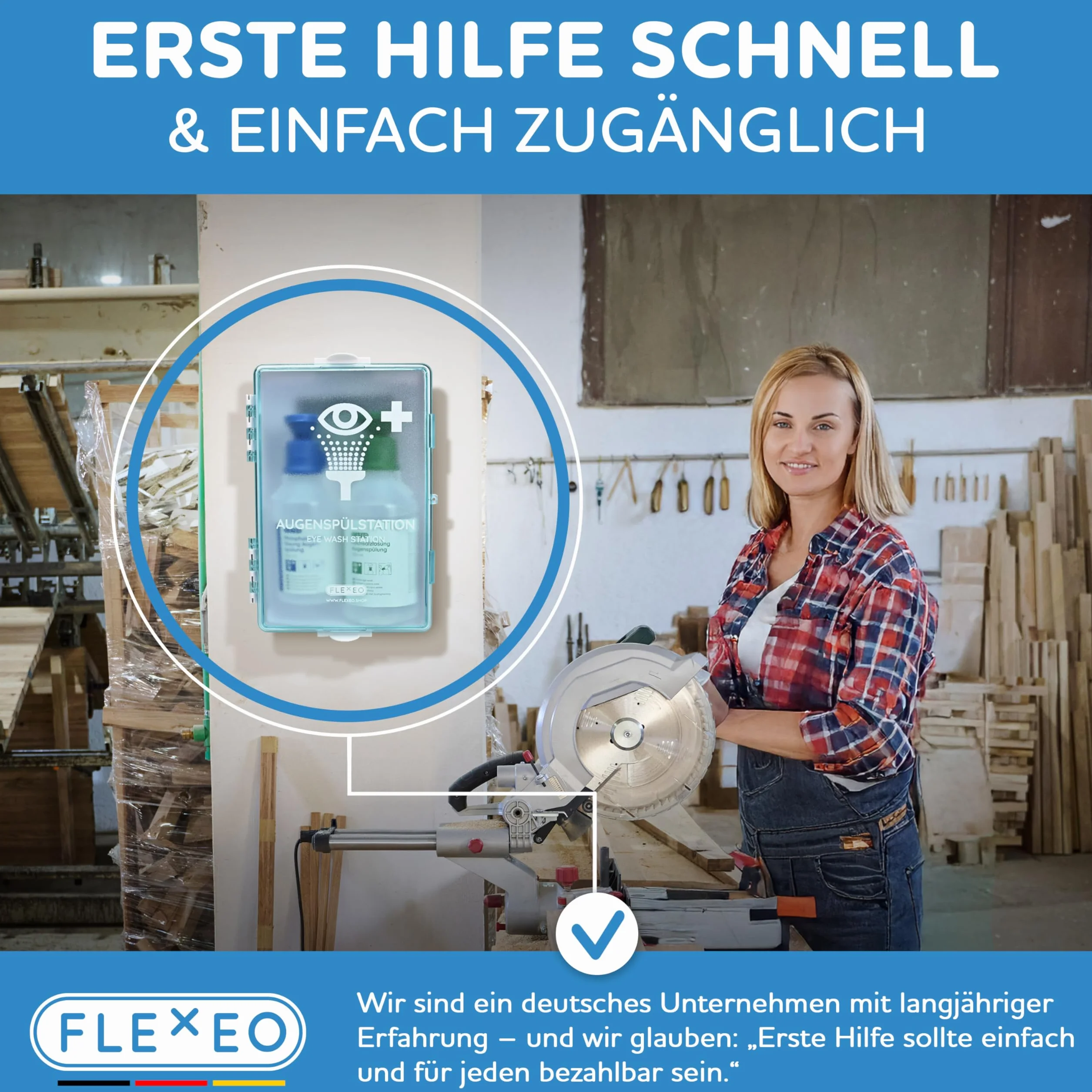 FLEXEO Stacja do płukania oczu w zestawie (1x 500 ml NaCl roztworu soli kuchennej + 1x 250 ml buforu fosforanowego) z uchwytem ściennym – płukanie oczu – prysznic oczu – sterylny NaCl roztwór do