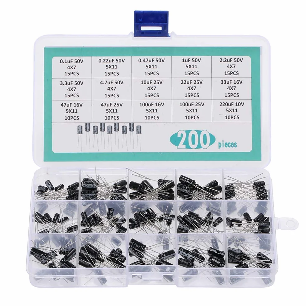 DollaTek 200 szt. 15 warto?ci zakres 0,1uF-220uF zestaw kondensatorów elektrolitycznych