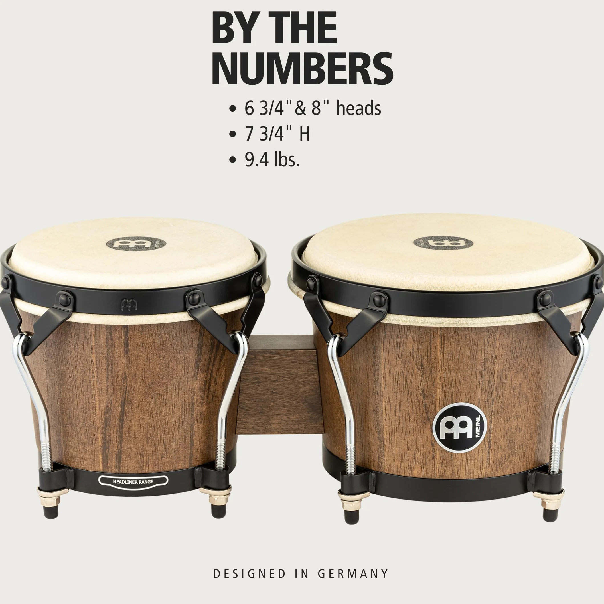 Meinl Percussion Bongos Headliner Wood – 2 Bongosy 6,75 i 8 cali – W Zestawie Klucz do Strojenia – Siam Oak, Kolor Brązowy (HTB100WB-M)