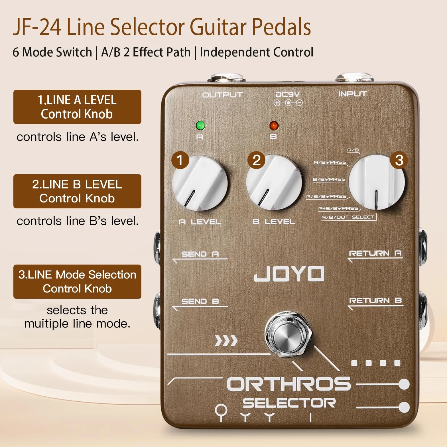 JOYO Line Selector pedały gitarowe, 6 przełączników trybów z AB, 2 pętle efektów, niezależny kanał sterowania do gitary elektrycznej, basu (ORTHROS SELECTOR JF-24)