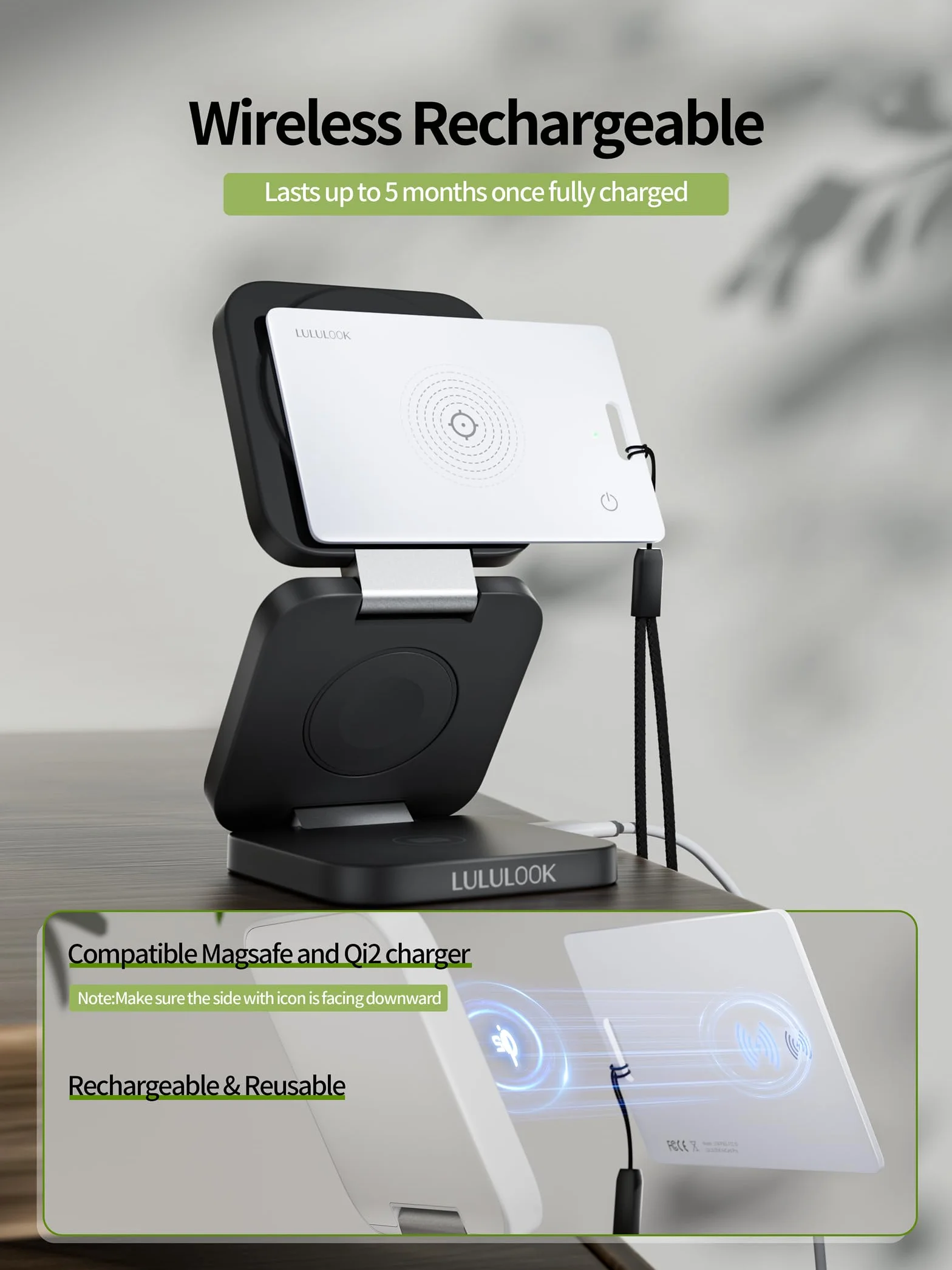 LULULOOK Karta AirTag z możliwością ponownego ładowania, 3 sztuki, cienkie portfele, tracker Smartcard Tracker kompatybilny z Apple Find My (tylko z systemem iOS) karta Bluetooth do portfela