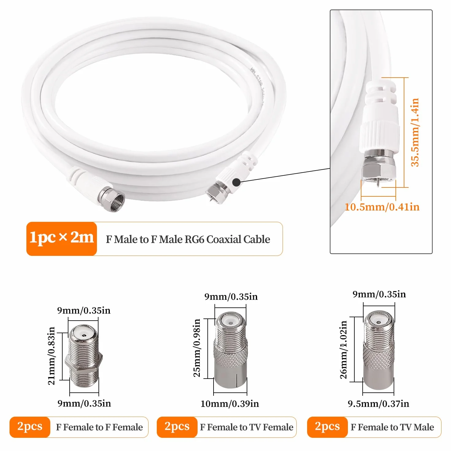 2m 75 Ohm RG6 Kabel Koncentryczny, F Męski do F Męski Szybki Kabel Antenowy RG6 TV, z 6 Sztuk Łączników Przedłużających, do Dekodera, TV, Satelity, Routera Cyfrowego