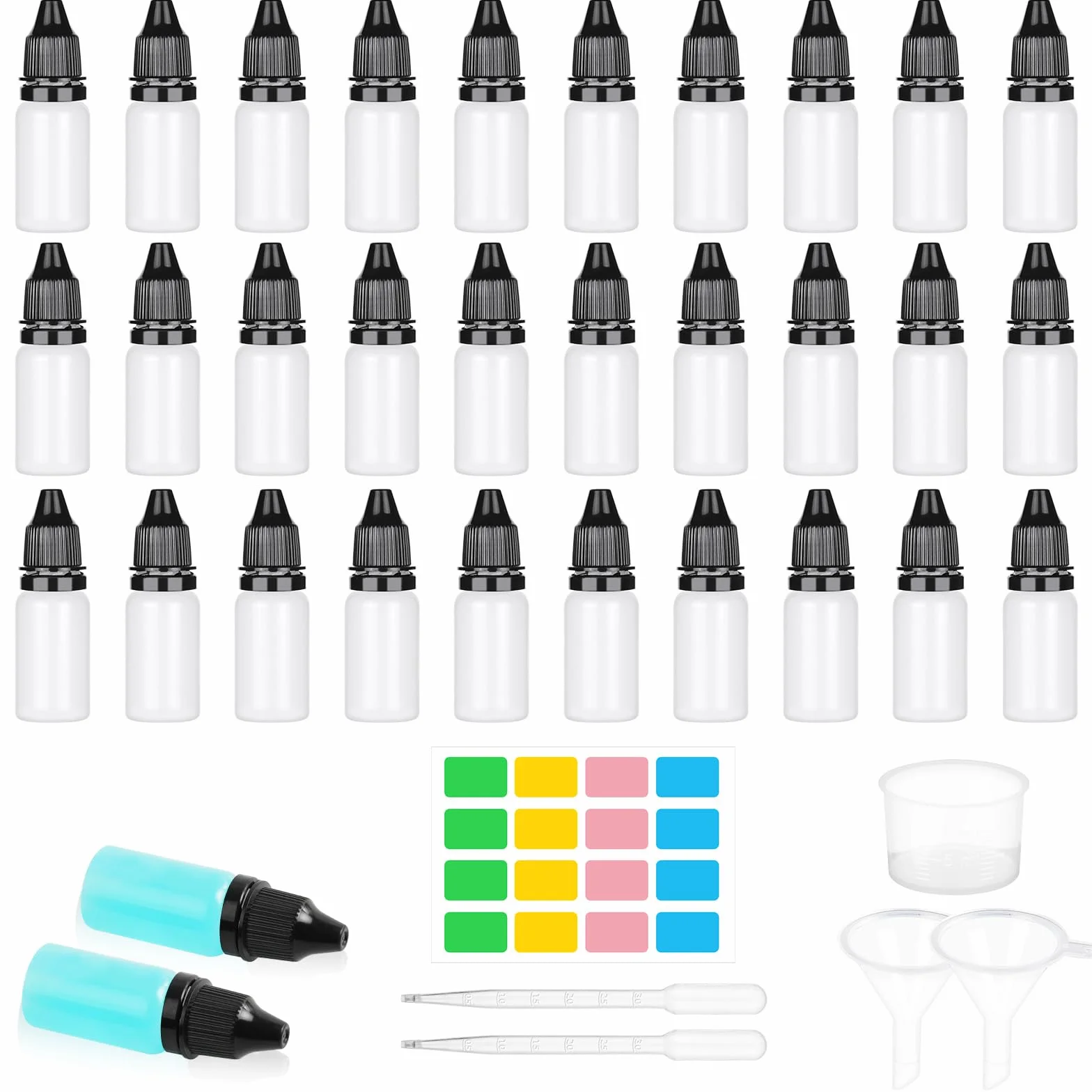 OFFCUP butelka z zakraplaczem, 30 szt., 10 ml, wyciskane butelki z kroplomierzem, z 1 miarką, 2 lejkami, 2 kroplomierzami, 16 etykietami do kropli do oczu,