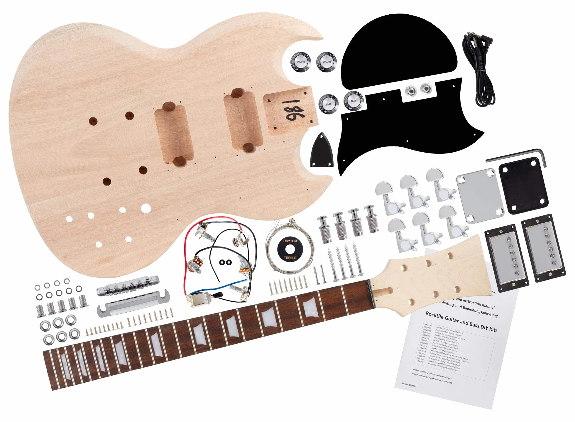 Zestaw do gitary elektrycznej DIY Rocktile Double Cut - Zestaw do gitary elektrycznej "Do-it-yourself", styl podwójnego cięcia, korpus: mahoń - rękojeść przykręcana mahoń - Podstrunnica : Blackwood