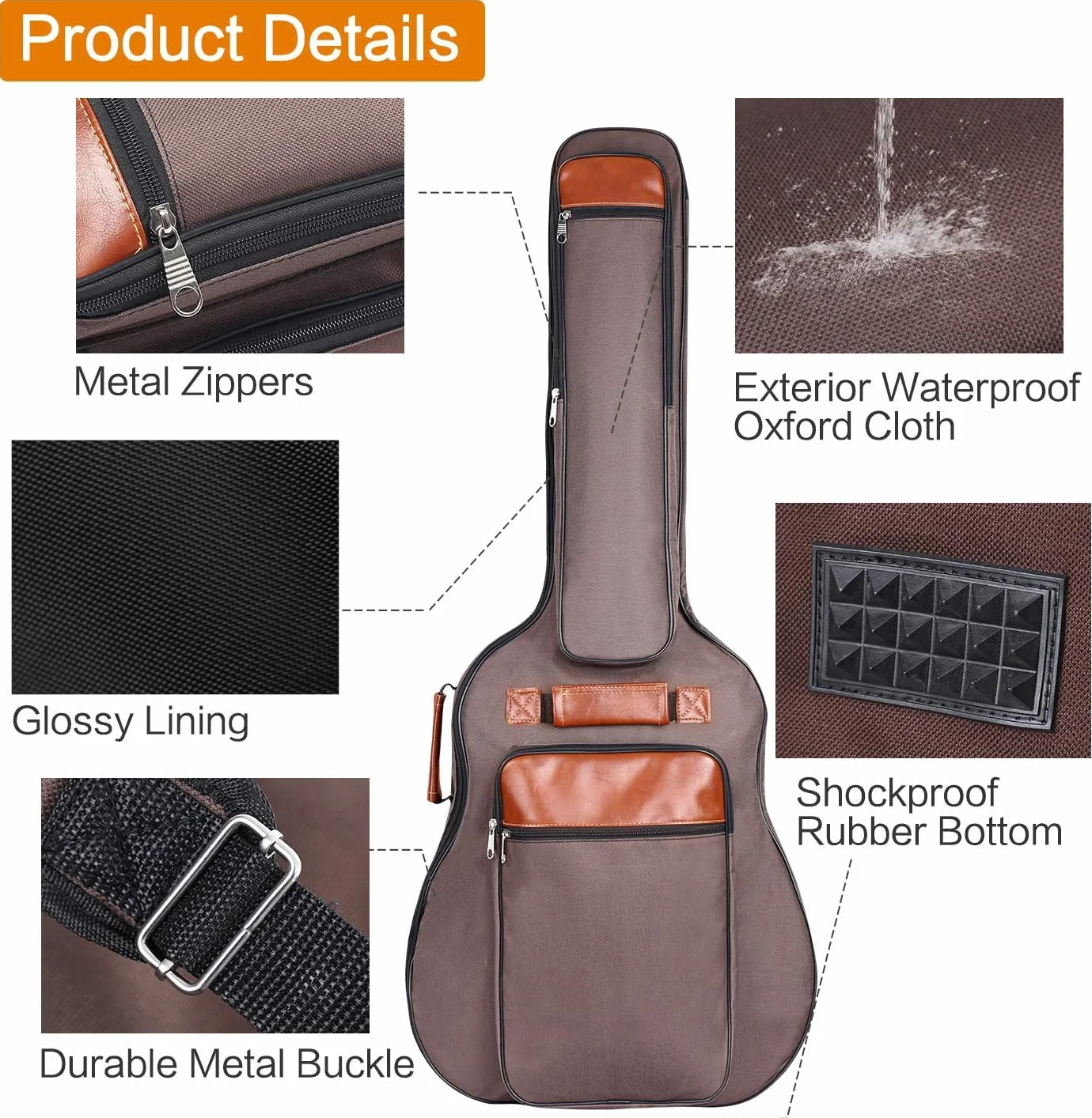 CAHAYA pokrowiec na gitarę akustyczną Gig Bag, 40"/41"/42", wodoszczelny pokrowiec na gitarę Bag Braun, 12 mm, wyściełany, do gitary koncertowej ulepszona wersja CY0150