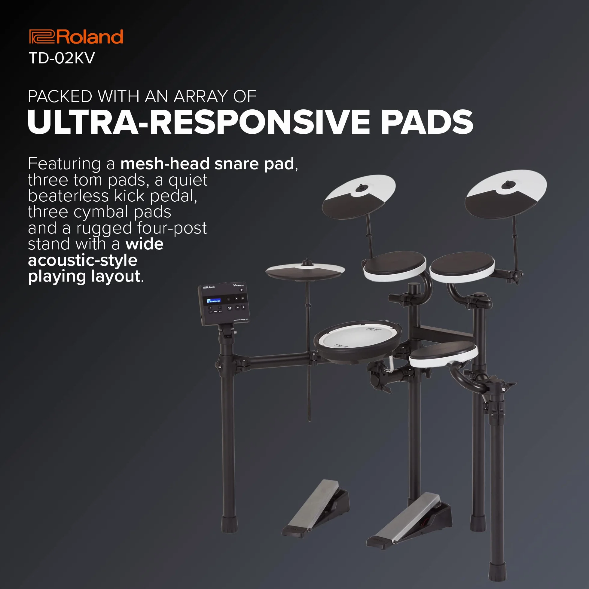 Roland TD-02KV V-Drums - Zestaw Perkusyjny z Ekspresyjną Grywalnością, Właściwościami Redukującymi Hałas, Werblem z naciągiem siateczkowym, Szeroki Układ do Gry w Stylu Akustycznym