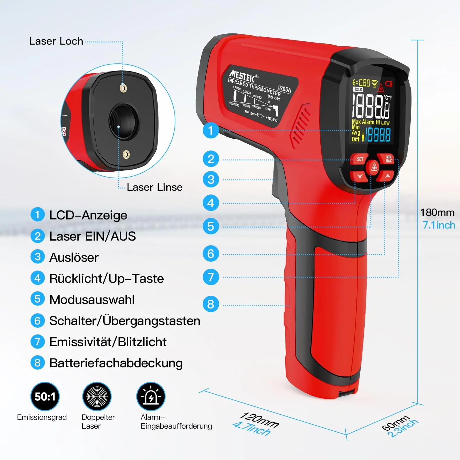 Termometru na Podczerwień Pirometr MESTEK 50:1 Pistolet Temperaturowy, -40℃ do 1600℃ Termometr Laserowy z Kolorowym LCD do Przemysłowego Wytopu Metali Kucia HVAC,Regulowana Emisyjność