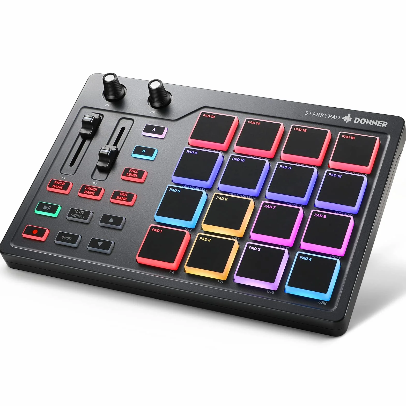 Donner Klawiatura kontrolera MIDI Pad USB typu C, profesjonalna bateria z 16 buforami, wyjście MIDI, 2 suwaki i przypisywalne przyciski (Starrypad Mini, czarny)