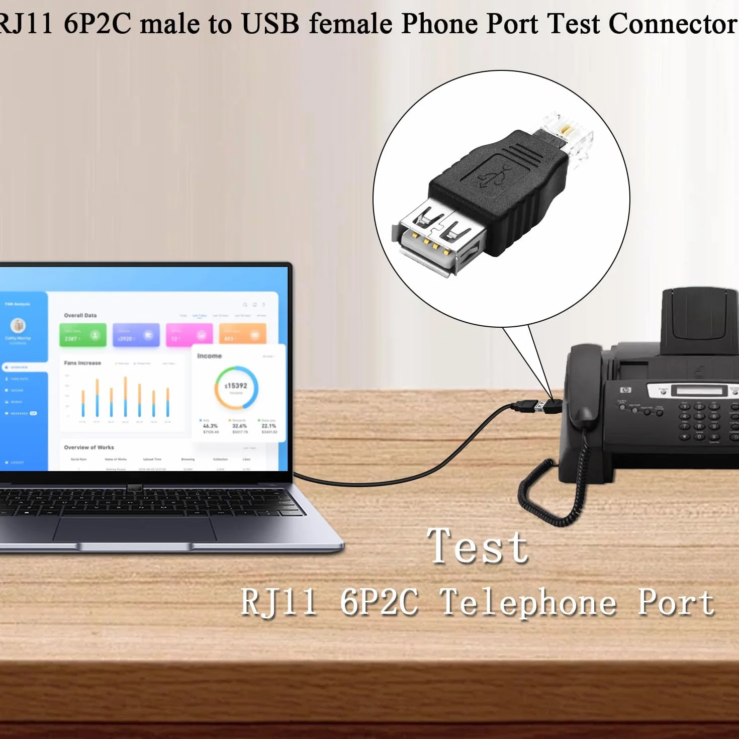 QIANRENON Wtyczka RJ11 do gniazda USB do telefonów złącze RJ11 6P2C wtyczka do gniazda USB A kabel telefoniczny adapter 2pin RJ11/USB do telefonu interfejs testowy, do telefonów faksowych, 2 szt
