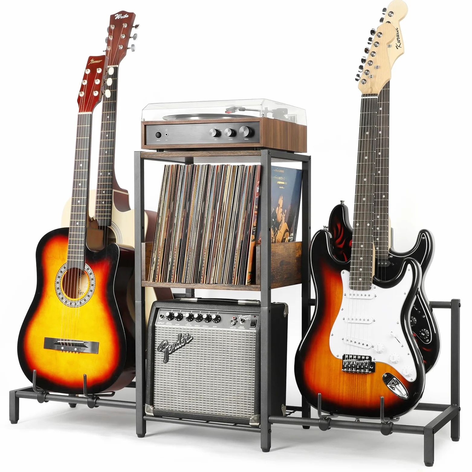 4-poziomowy stojak na gitarę akustyczną, elektryczną, basową, stojak na gitarę, regulowany podłogowy do wielu gitar, akcesoria do wzmacniacza gitarowego, wyświetlacz do pokoju muzycznego, domowego studia z drewnianą półką
