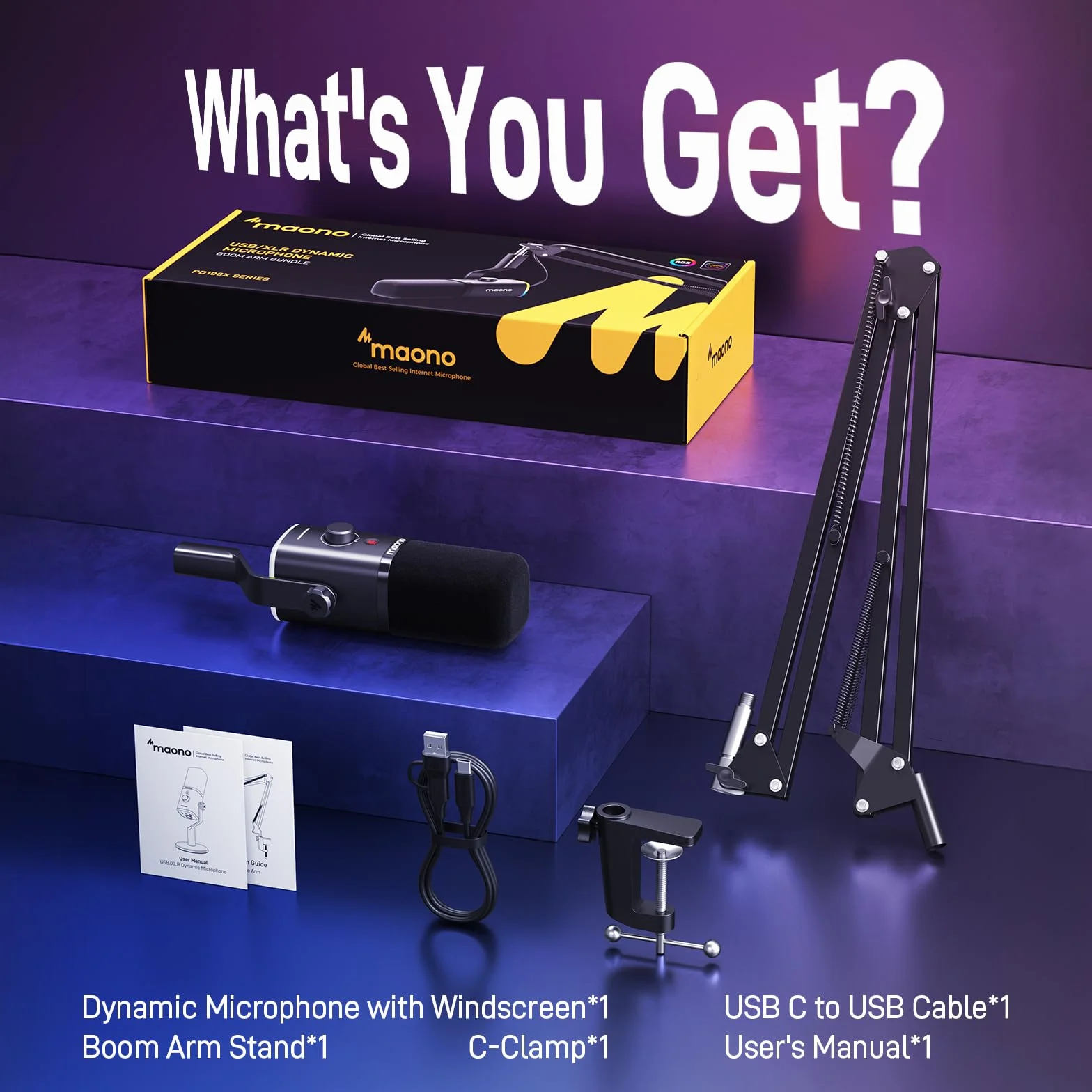 MAONO Dynamiczny mikrofon gamingowy XLR/USB z ramieniem wysięgnika, przycisk wyciszenia, sterowanie wzmocnieniem, RGB PC
