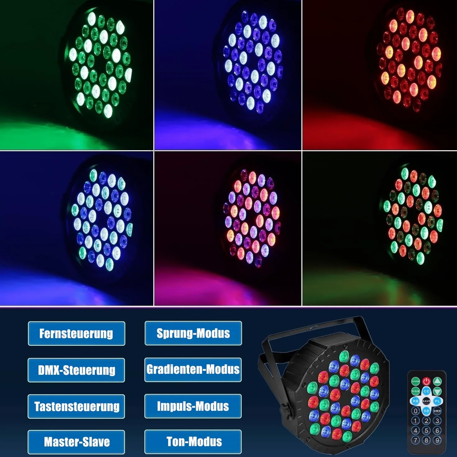 Oświetlenie sceniczne, 36 diod LED RGB, oświetlenie dyskotekowe, DMX, reflektor z pilotem zdalnego sterowania, 4 tryby pracy, do baru, na scenę, imprezę, DJ, Halloween, Boże Narodzenie – 8