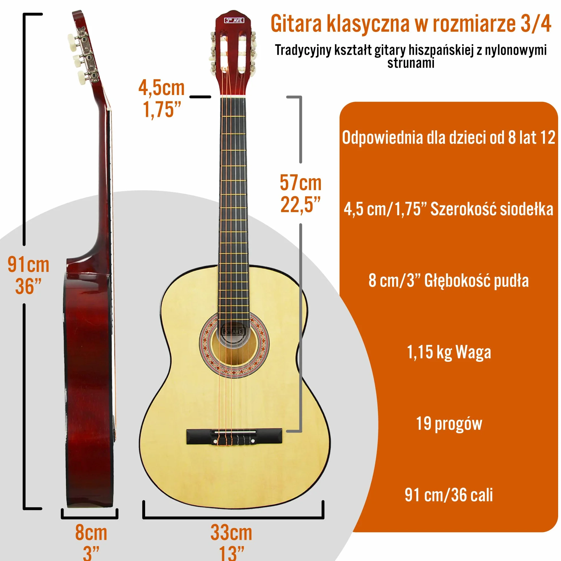 3rd Avenue Hiszpańska gitara klasyczna w rozmiarze 3/4, dla początkujących, struny nylonowe, futerał – w kolorze naturalnym