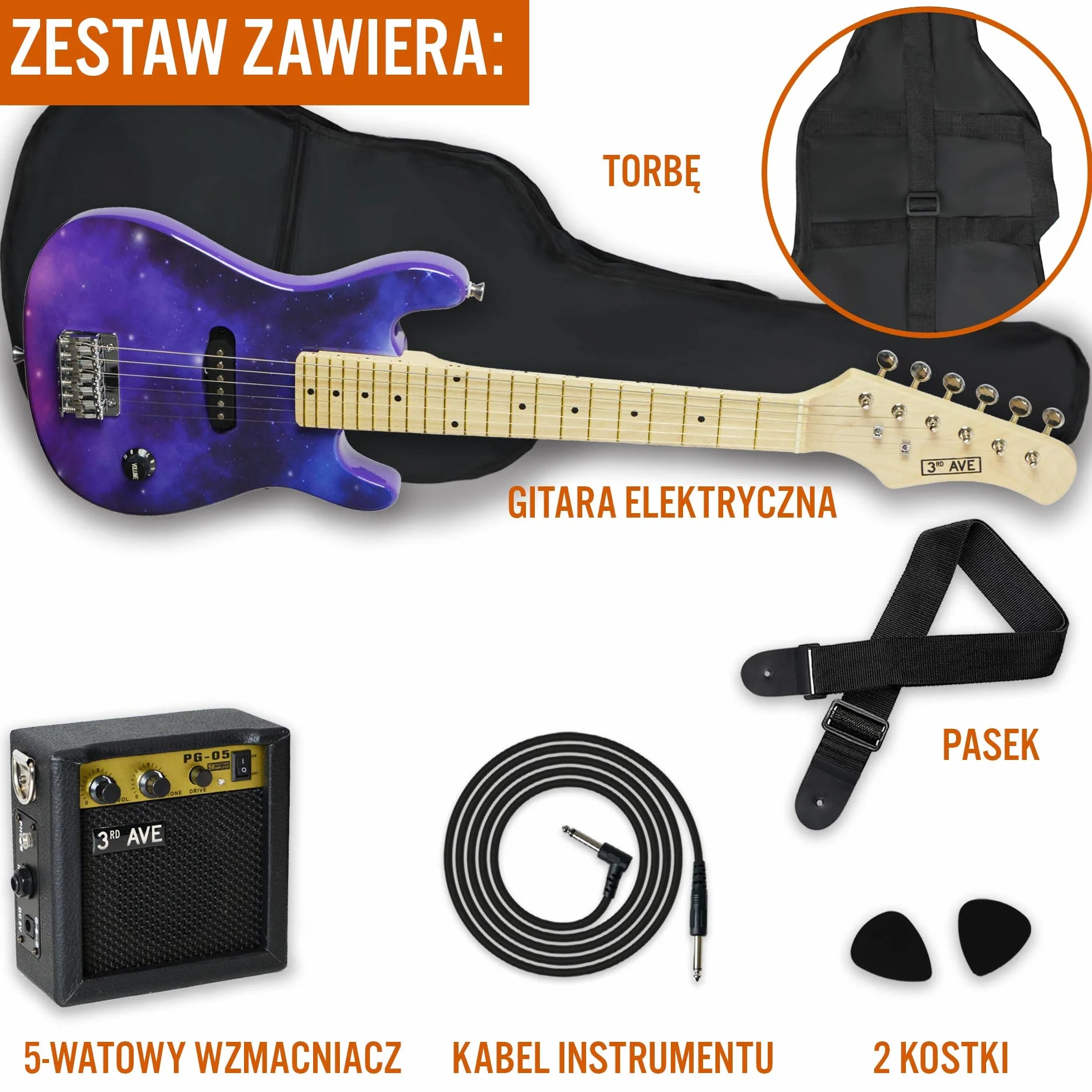 3rd Avenue Zestaw gitary elektrycznej dla dzieci, w rozmiarze 1/4, dla młodych początkujących – 5-watowy wzmacniacz przenośny, kabel, torba, kostki i pasek – w kolorze Purpurowa Galaktyka