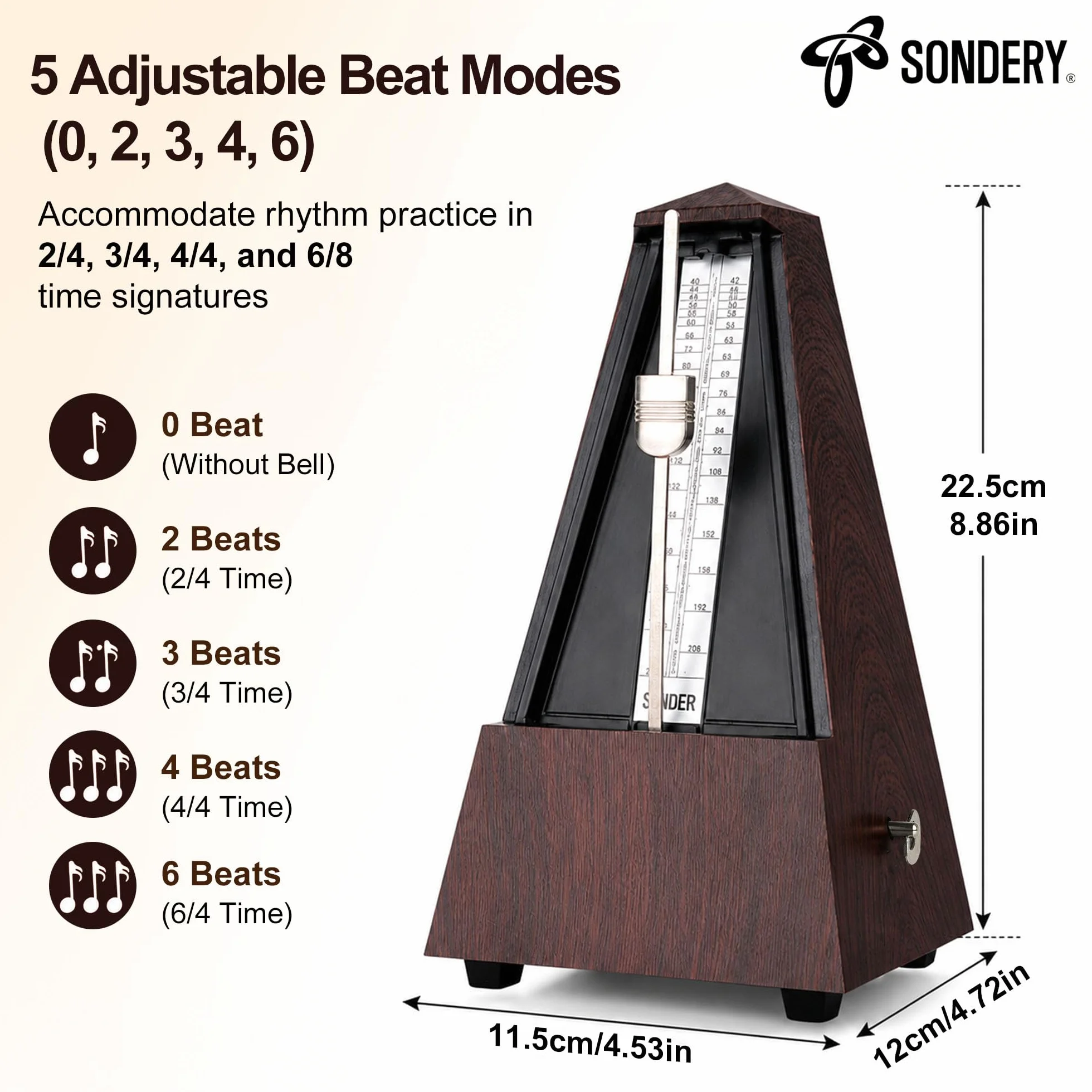 Sondery Classic Mechaniczny Metronom z dzwonkiem do fortepianu, gitary, perkusji, skrzypiec, saksofonu i wszystkich instrumentów, zakres tempa 40-208 bpm, uderzenia 02346, brązowa obudowa z wzorem