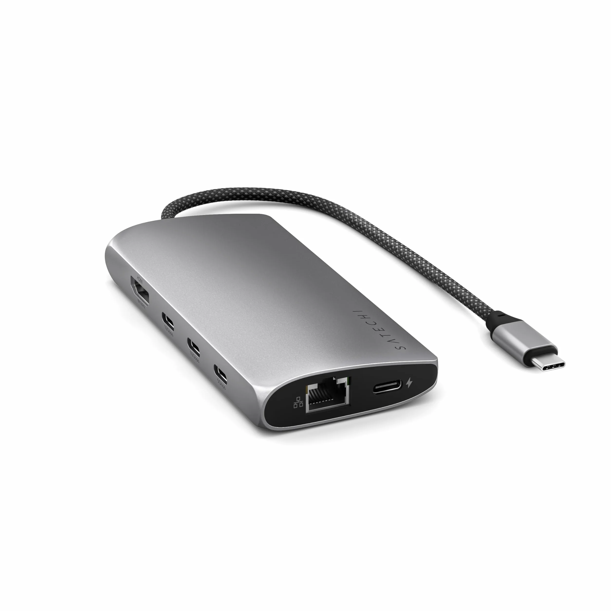SATECHI Hub USB-C 8 w 1 z Ethernetem, HDMI 8K@30Hz, ładowaniem PD 85 W, 4 portami USB-C 10 Gb/s, transferem danych i czytnikiem kart SD UHS-II do MacBooków Air/Pro/Neo, komputerów PC i innych