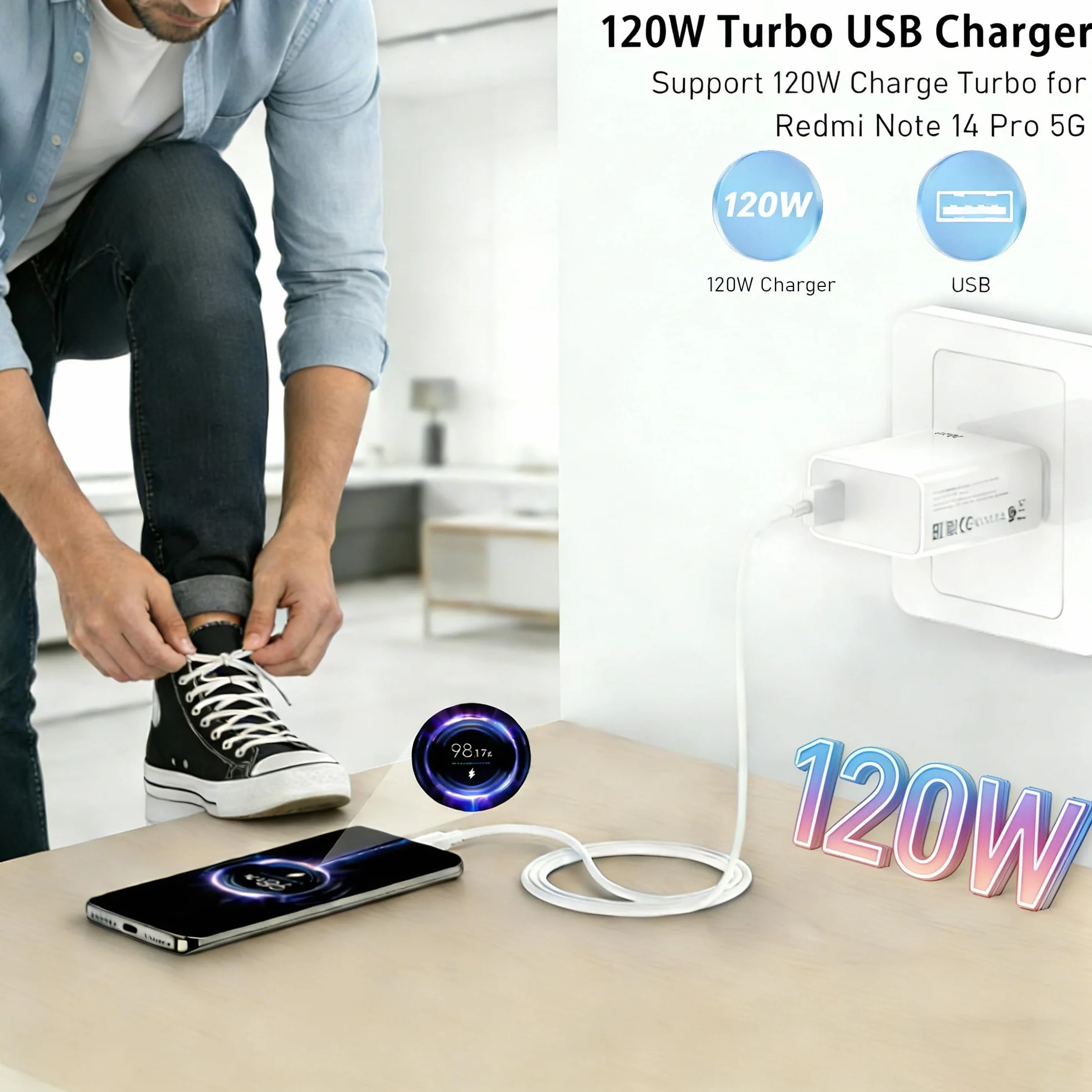 Ładowarka USB, 120 W, zasilacz z kablem typu C, 6 A, do Xiaomi 14T, 13T, Redmi Note 15, 14, 13, 12, 11, 10 Pro 5G, Poco X6 M6 X5 F5 Pro (XM 120 W 1+1)