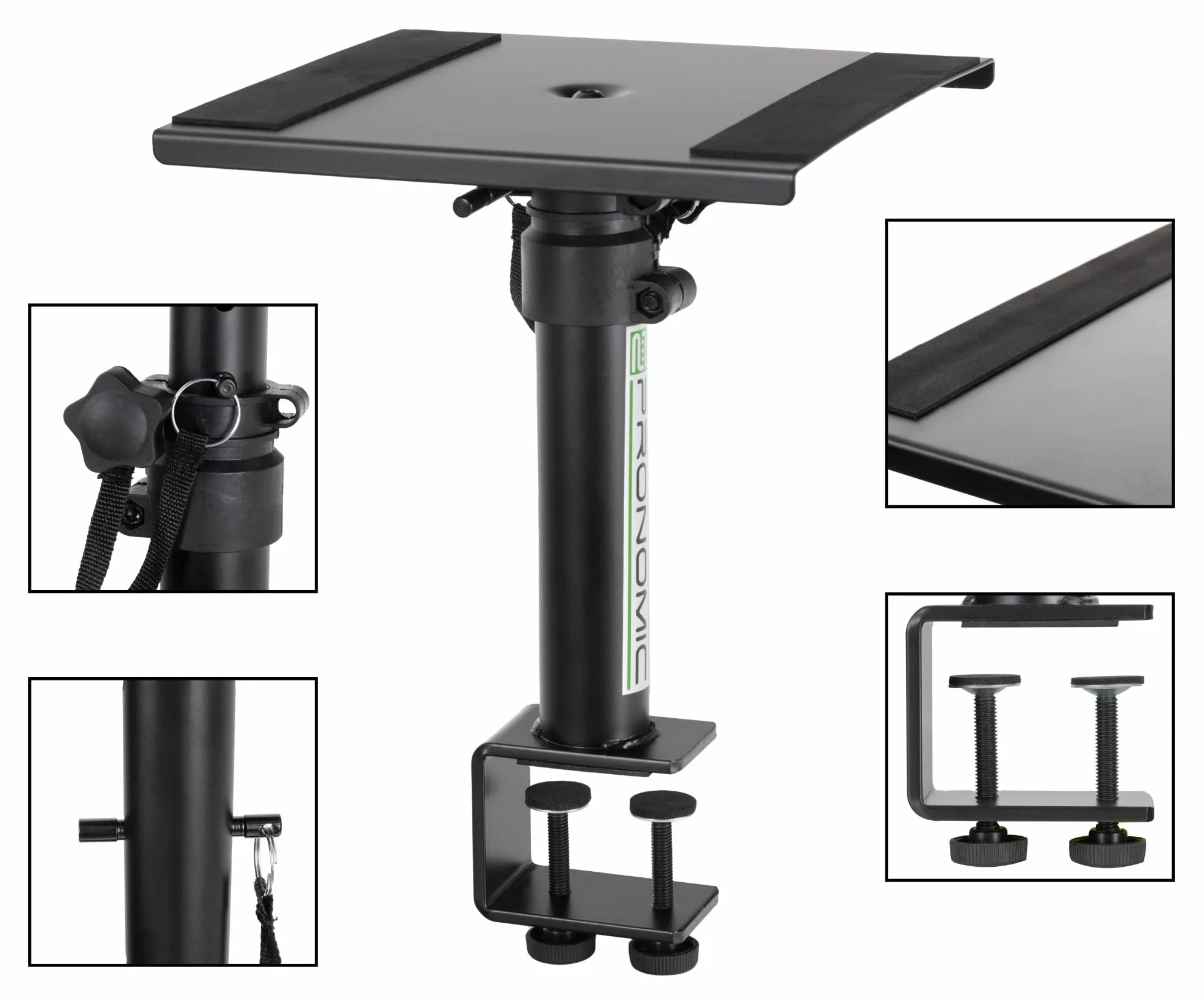 Pronomic SLS-36K BK statyw stołowy z zaciskiem stołowym do monitorów studyjnych – bardzo mało miejsca – regulacja wysokości 24,5 cm i 41,5 cm – powierzchnia do odkładania z paskami z gumy piankowej –