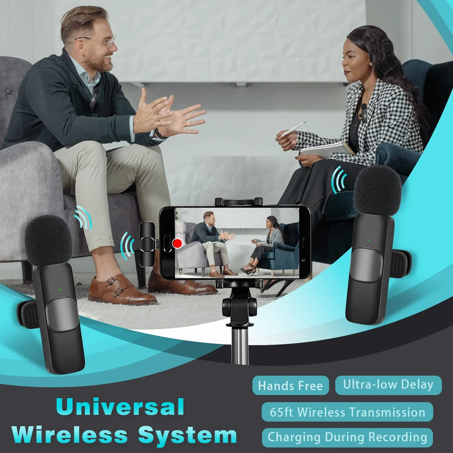 Mikrofony bezprzewodowe do iPhone'a, iPada, mini mikrofon do nagrywania wideo, wywiadów YouTube i vlogów na żywo, mikrofon Lavalier Lapel z wbudowanym chipem redukcji szumów 2,4 G o bardzo niskim
