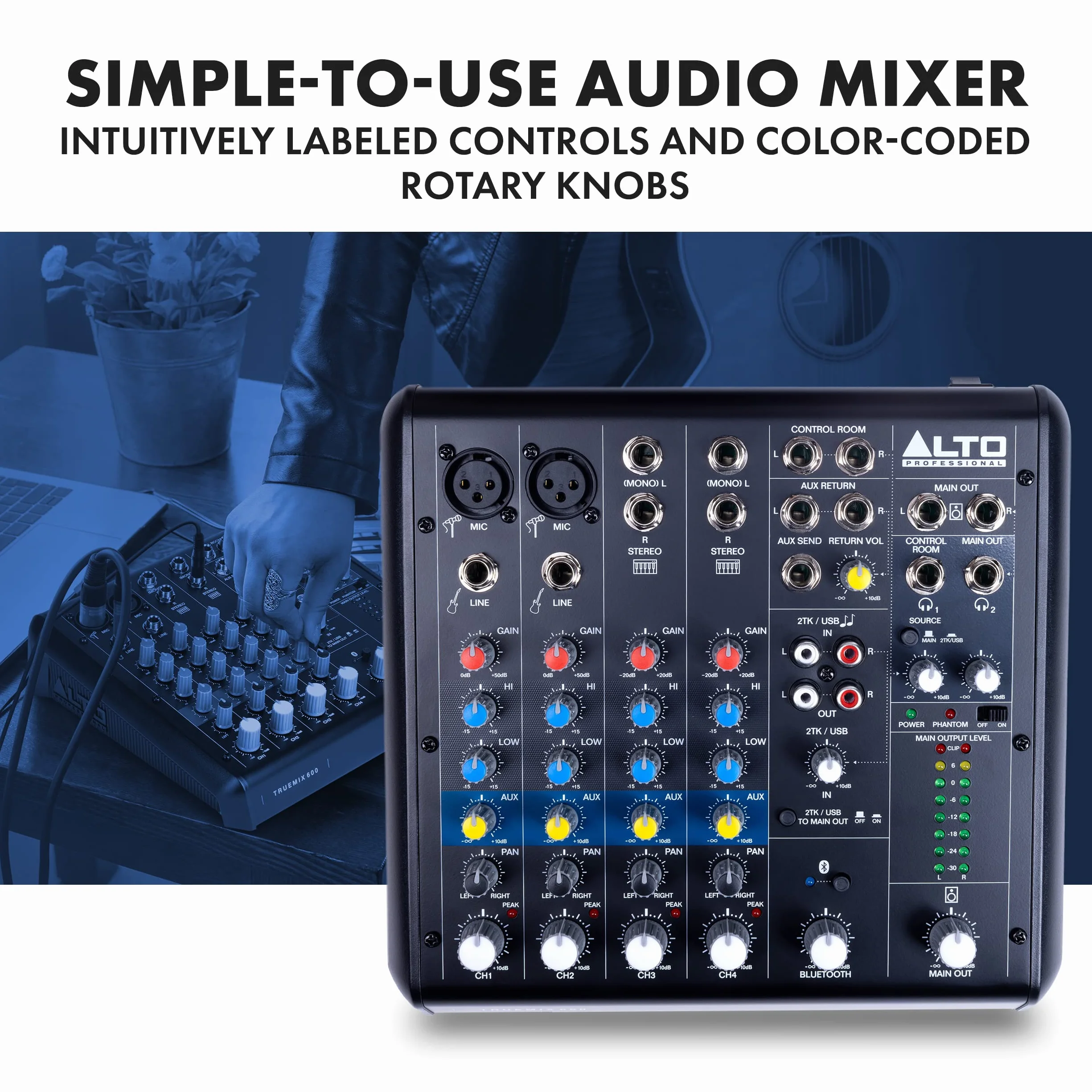 ALTO TrueMix 600 Mikser z 2 Wej. Mikr. XLR i Interfejsem USB Audio i Bluetooth do Podcastów, Występów, Streamowania, Nagrywania i DJ-ingu, PC, Mac