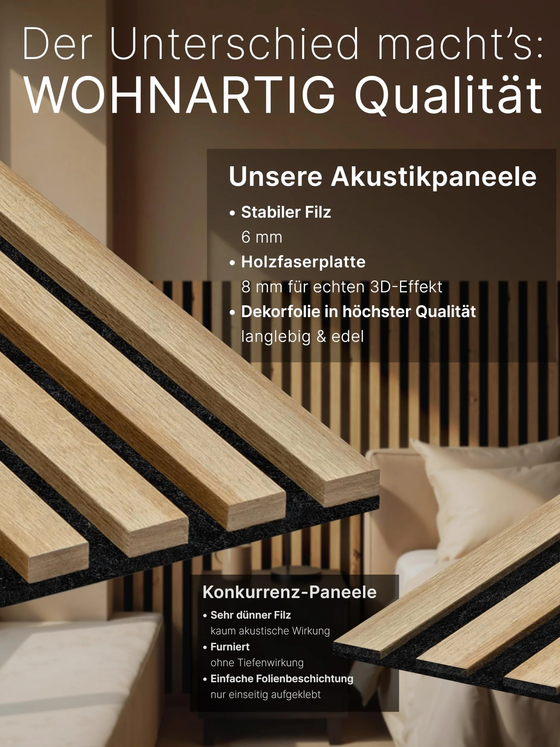 wohnartig® Panele akustyczne 1,485m² - 275cm x 54cm* zestaw - (zestaw = 2 sztuki 275cm x 27cm) | Kolor: Czarny 905 | Okładzina ścienna | Panel akustyczny | Panele ścienne na filcu | Filc akustyczny |