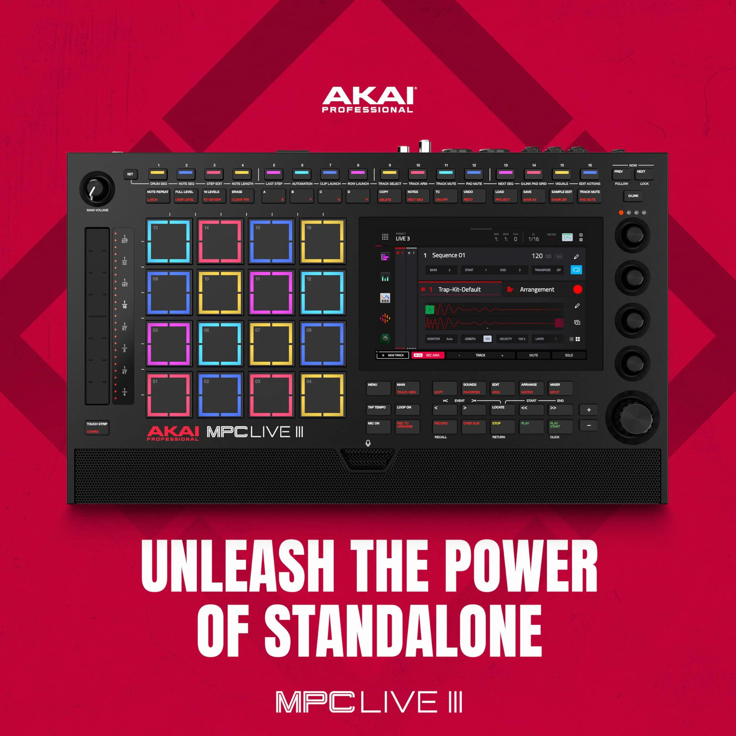 Akai Professional MPC Live III Przenośne centrum produkcji muzycznej z padami MPCe, sekwencerem, ekranem dotykowym, mikrofonem, monitorami, interfejsem audio, Wi-Fi, Bluetooth, baterią, touchstripem
