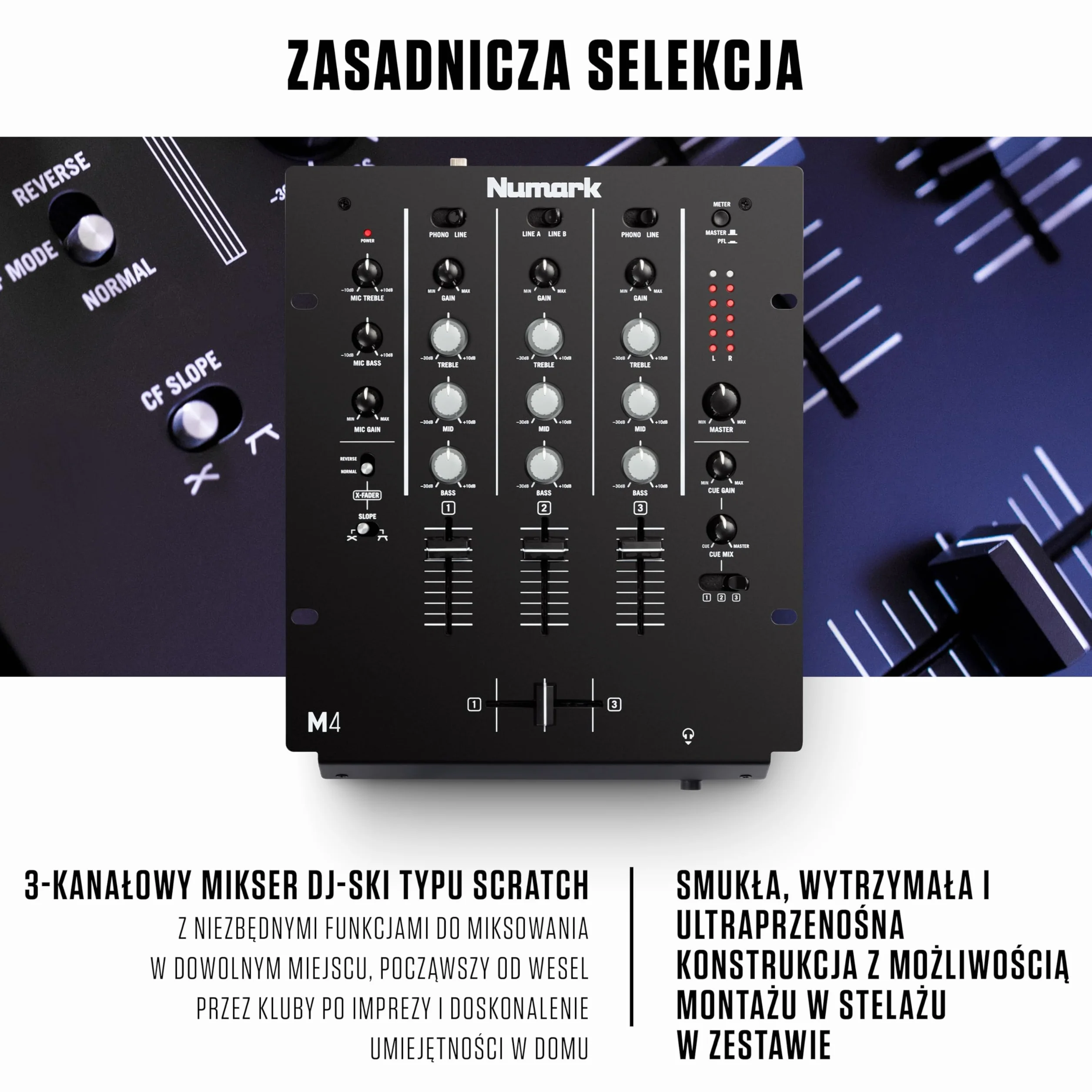 Numark M4 3-kanałowy mikser DJ-ski typu scratch do montażu w racku z 3-pasmowym EQ i crossfaderem