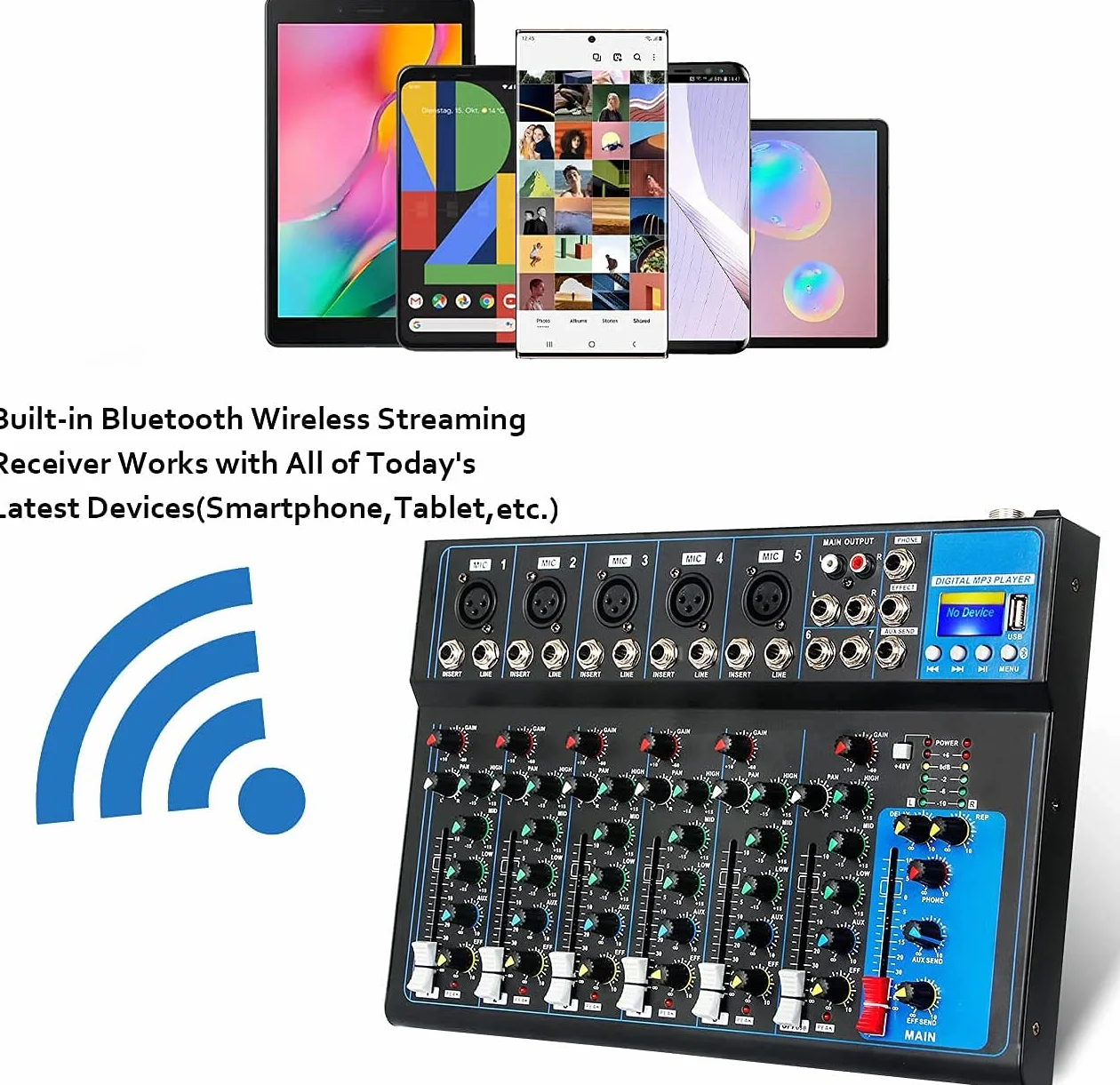 Depusheng HT7 przenośny mikser audio Bluetooth z USB DJ Sound, konsola mieszająca MP3, gniazdo 48 V, Power 7-kanałowy, mikser do nagrywania komputera