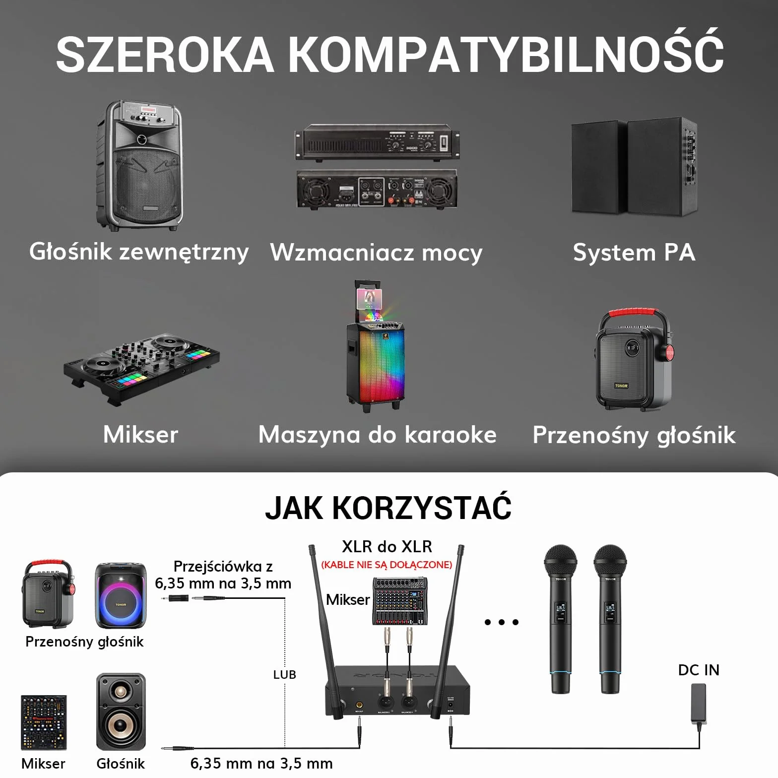 TONOR Profesjonalny system mikrofonów bezprzewodowych UHF 100x2, 100 m, TW750