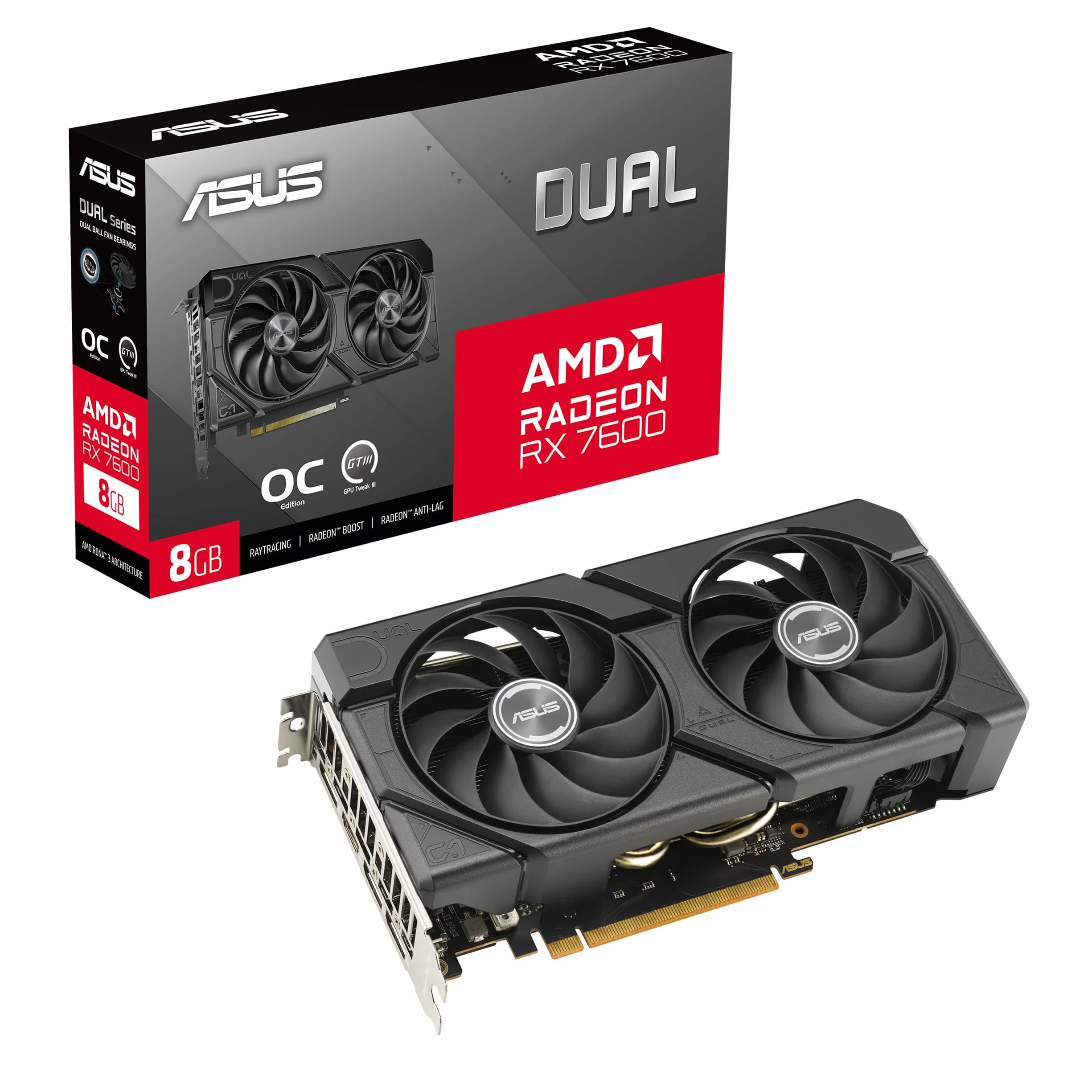 ASUS Dual Radeon RX 7600 EVO OC Edition 8 GB GDDR6 karta graficzna dla graczy (AMD Radeon RX7600, PCIe 4.0, 1 x HDMI 2.1, 3X DisplayPort 1.4a, DUAL-RX7600-O8G-EVO)