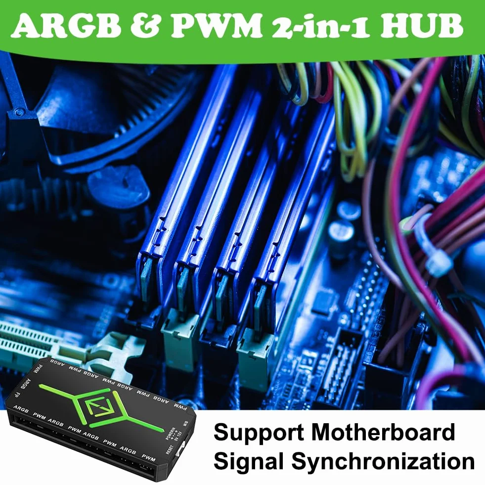 2-w-1 ARGB PWM Fan Hub z kontrolerem, 9 x 5 V 3-pinowe porty ARGB, 9 x 4-pinowe złącza wentylatora PWM, koncentrator RGB z portem SATA Power 18 i pilotem zdalnego sterowania i podstawą magnetyczną