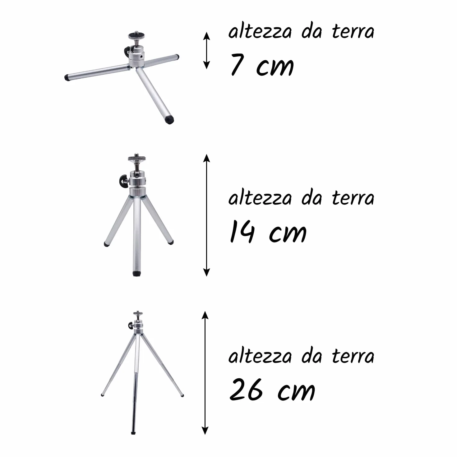 Mini statyw stołowy | Regulacja wysokości 7/14/26 cm | Obrót 360° głowicy kulkowej | Kompatybilny z aparatami i smartfonami | Kompaktowy i lekki, srebrny, Metal