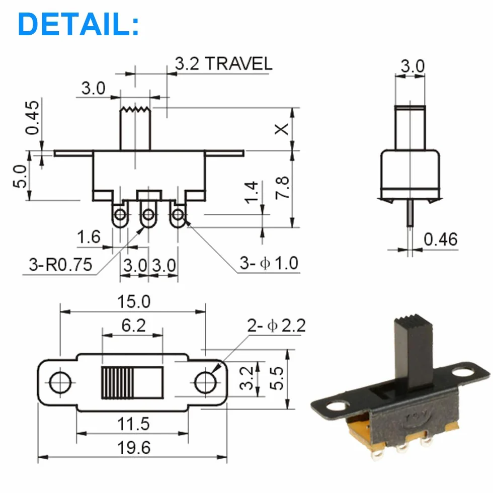 20 sztuk mini pionowych przełączników przesuwnych 1P2T SPDT 3 piny 2 pozycje DC50 V 0,5 A SS12D10 przełącznik z 20 sztukami mini panelowy przełącznik przesuwny wł./wył. SS12F15 przełącznik