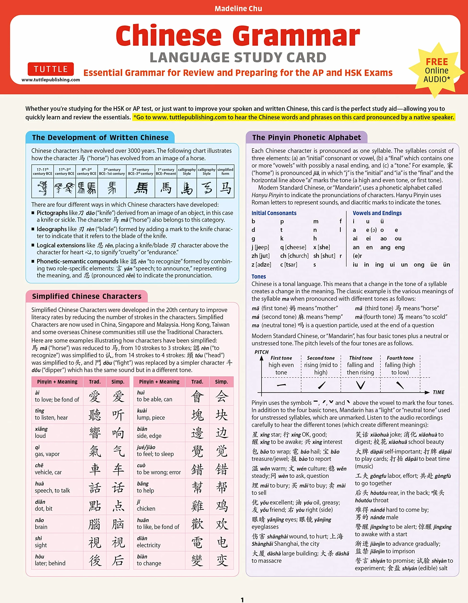 Chinese Grammar Language Study Card: Essential Grammar Points for Hsk and AP Tests (Includes Online Audio)
