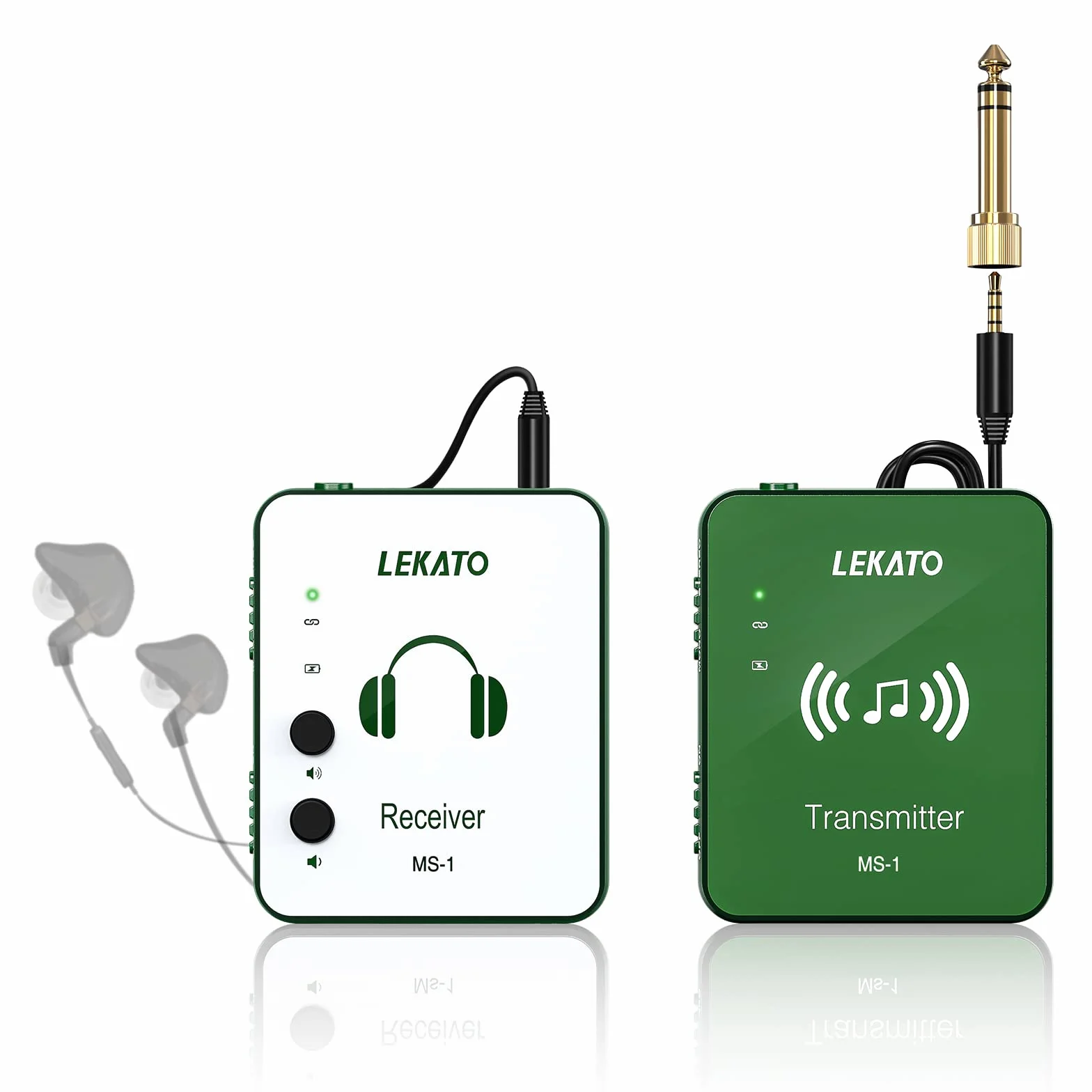 LEKATO MS-1 bezprzewodowy system monitorowania 2,4 G stereo IEM z nadajnikiem, odbiornik, automatyczne parowanie, do studia, prób zespołowych, występów na żywo (zielony)