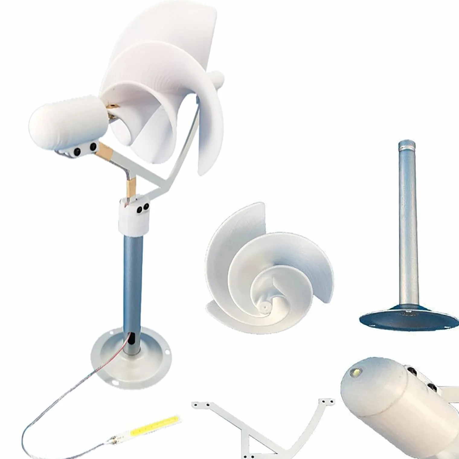 DIY Wind Turbine Model 10W Micro Spiral Wind Power Generator 12V Stały generator magnesów Model ze światłem LED, generator czystej miedzi do badań, nauczania, dekoracji,White