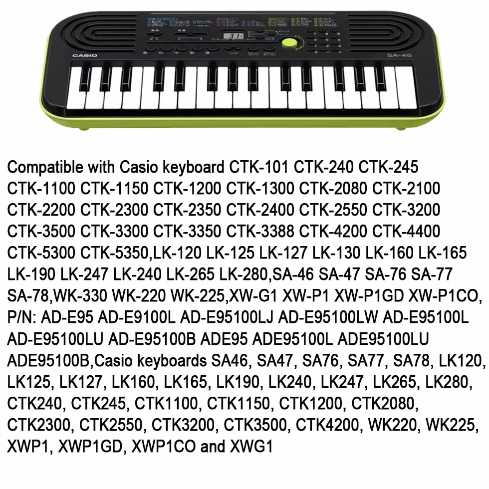 9,5 V zasilacz ładowarka do Casio keyboard klawiatura fortepianowa SA76 SA77 SA46 CTK1200, WK220 zamiennik do Casio ADE95100LU AD-E95