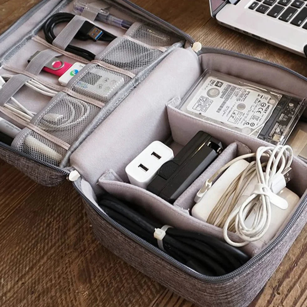 Retoo Organizer na przewody, torba na kable, do ładowania i przybory podróżne, uniwersalne akcesoria podróżne, elektroniczne etui, na telefon komórkowy, kabel, dysk twardy, szary, 40,5 x 26 x 3,2