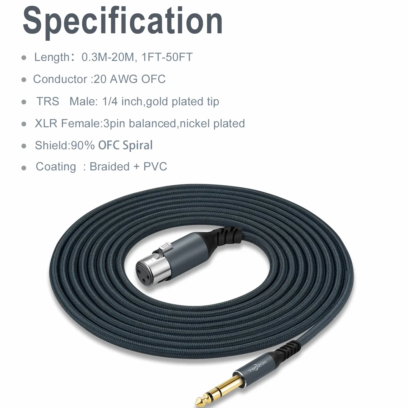 Twozoh XLR żeński na 1/4 TRS Kabel 1M 2 Pack, Pleciony 6,35 mm gniazdo stereo zbalansowany na 3-pinowy XLR Kabel mikrofonowy