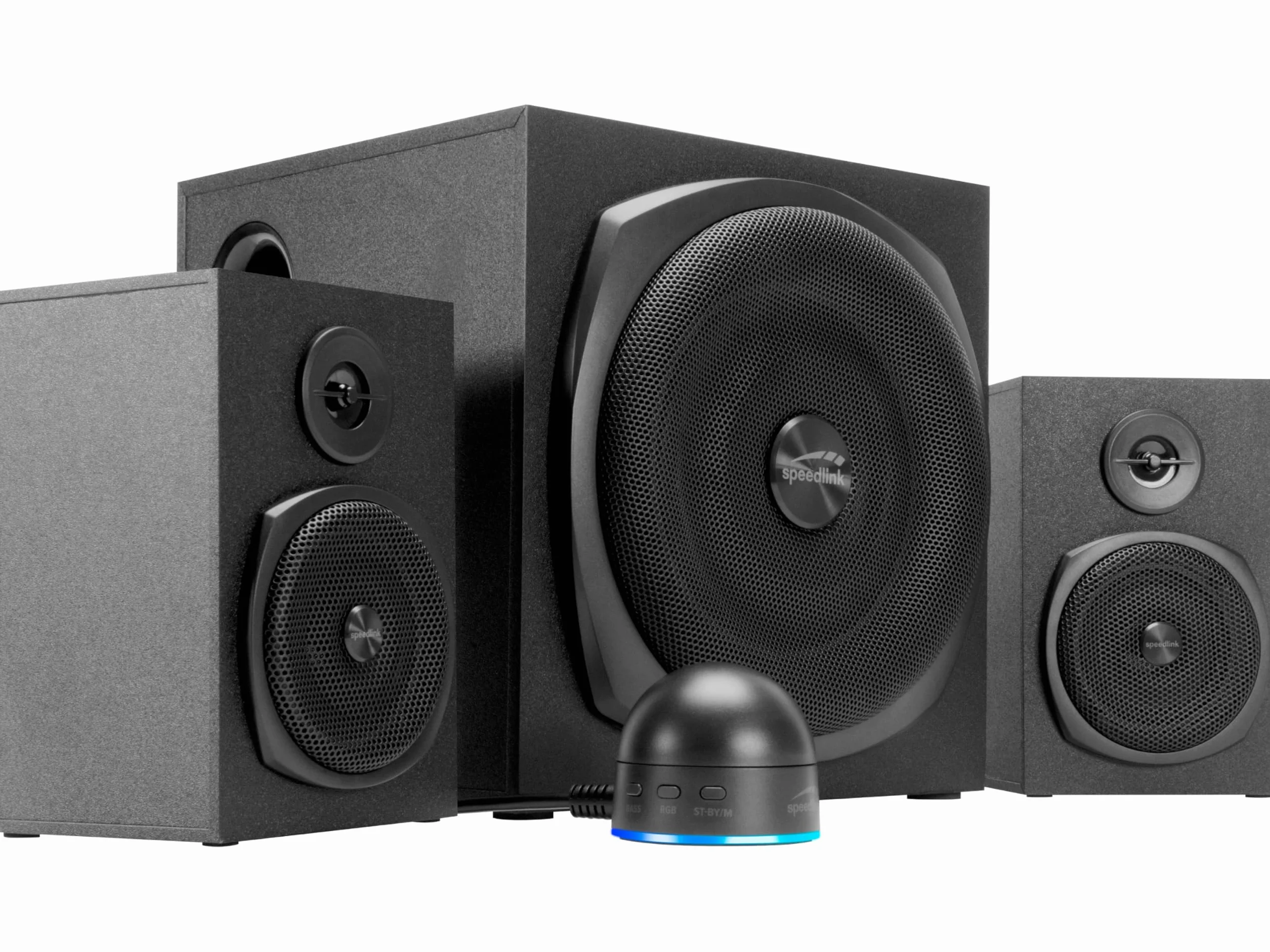 Speedlink GRAVITY LT głośniki komputerowe 2.1 z Bluetooth - z drewnianym subwooferem, aktywny system głośników 80 W, gniazdo AUX 3,5 mm, pilot biurkowy RGB, czarny