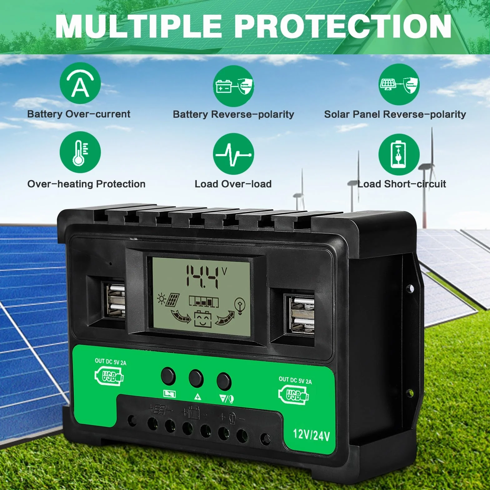 DEWIN Sterownik solarny, MPPT, regulator ładowania solarnego, 4 porty USB, 12 V, 24 V, regulator ładowarki akumulatora do akumulatora kwasowo-ołowiowego (40 A)