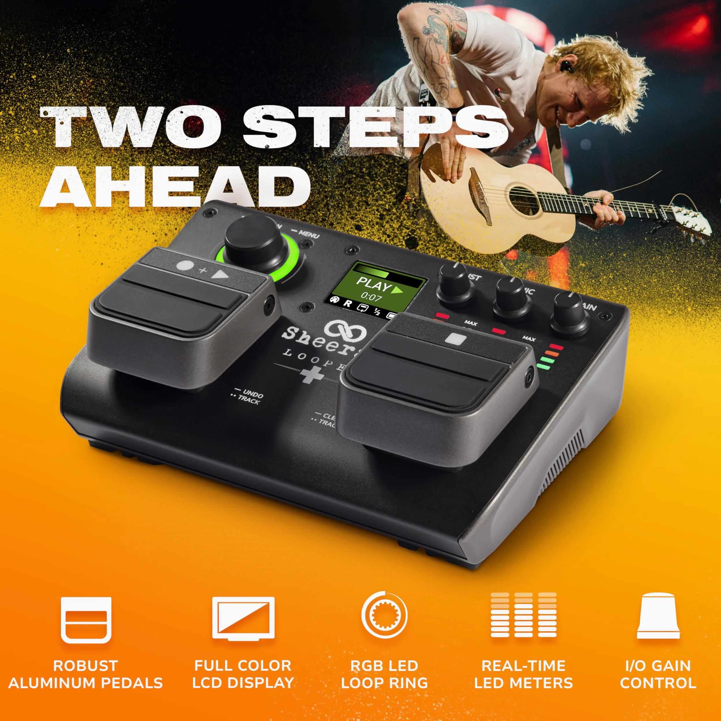 SHEERAN LOOPER + Dwuścieżkowy z pedałami do gitary, keyboardu i wokalu, z pamięcią na 128 loopów, trybami loopowania, ekranem LED i interfejsem audio