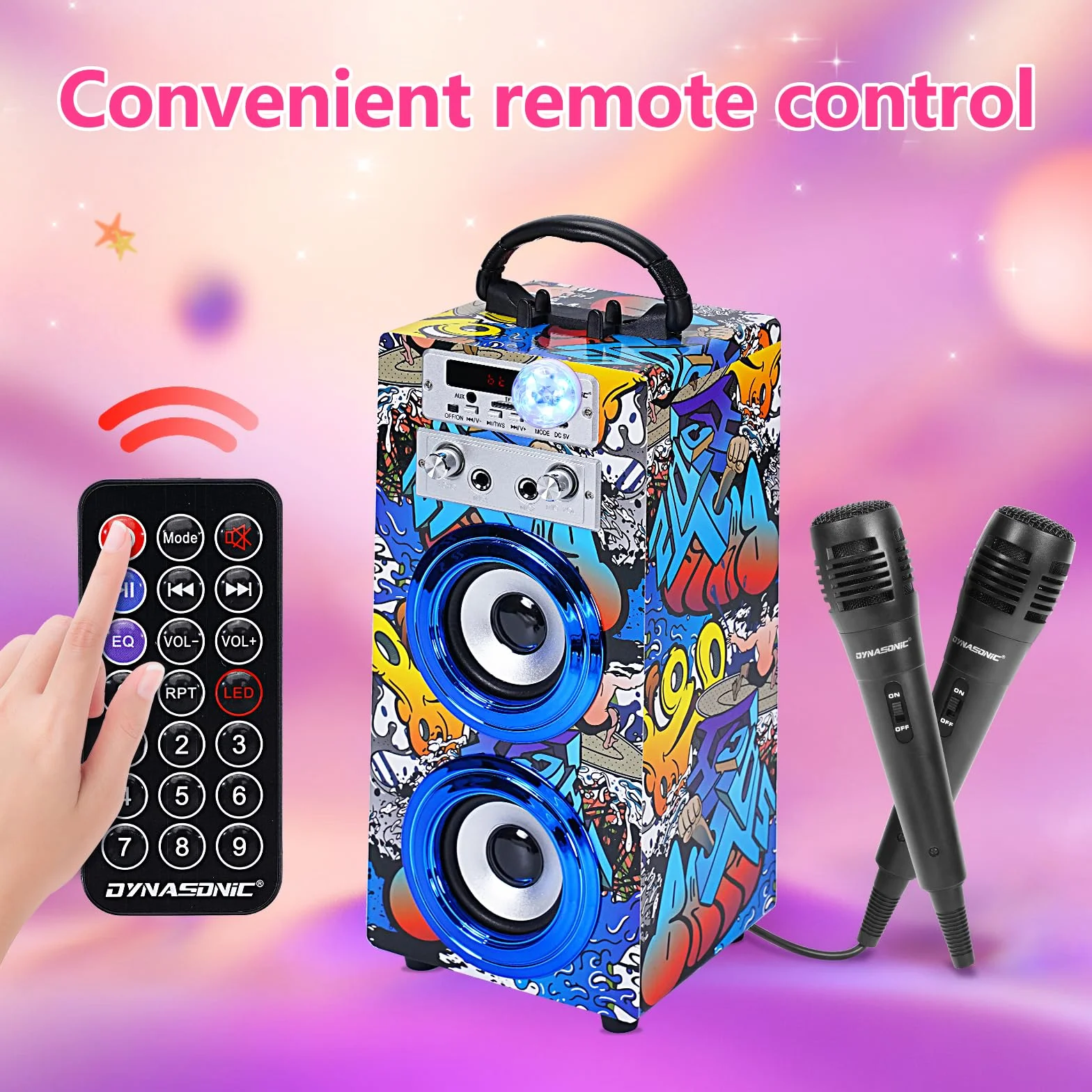 DYNASONIC Przenośna maszyna do karaoke, 2 mikrofony, głośnik Bluetooth, światła, czytnik USB i SD, prezent dla dzieci w wieku 5-13 lat (025-16 LIGHTS)
