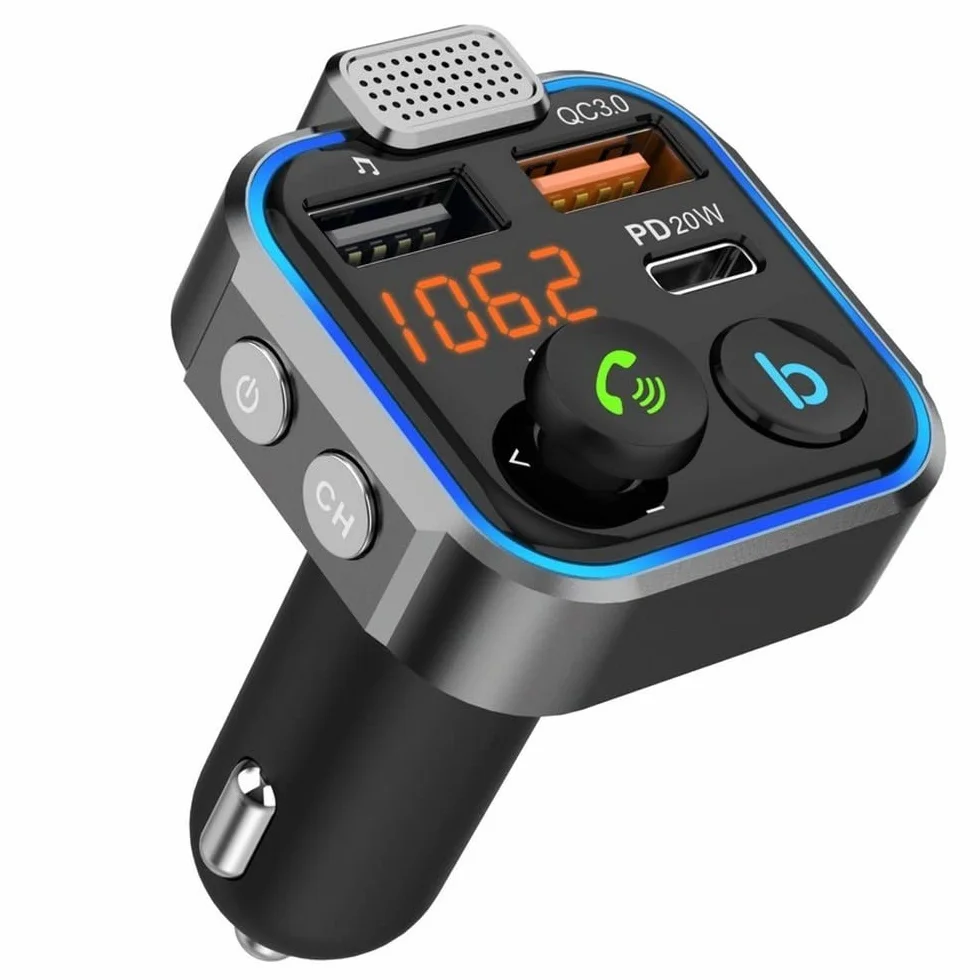 NK Bluetooth 5.0 samochodowy nadajnik FM – 3 porty ładowania: x 2 USB QC3.0 + x1 PD 3.0 typ C 20 W, funkcja głośnomówiąca, redukcja szumów, szybkie ładowanie, przycisk B: Hi-Fi głęboki bas (głośnik)